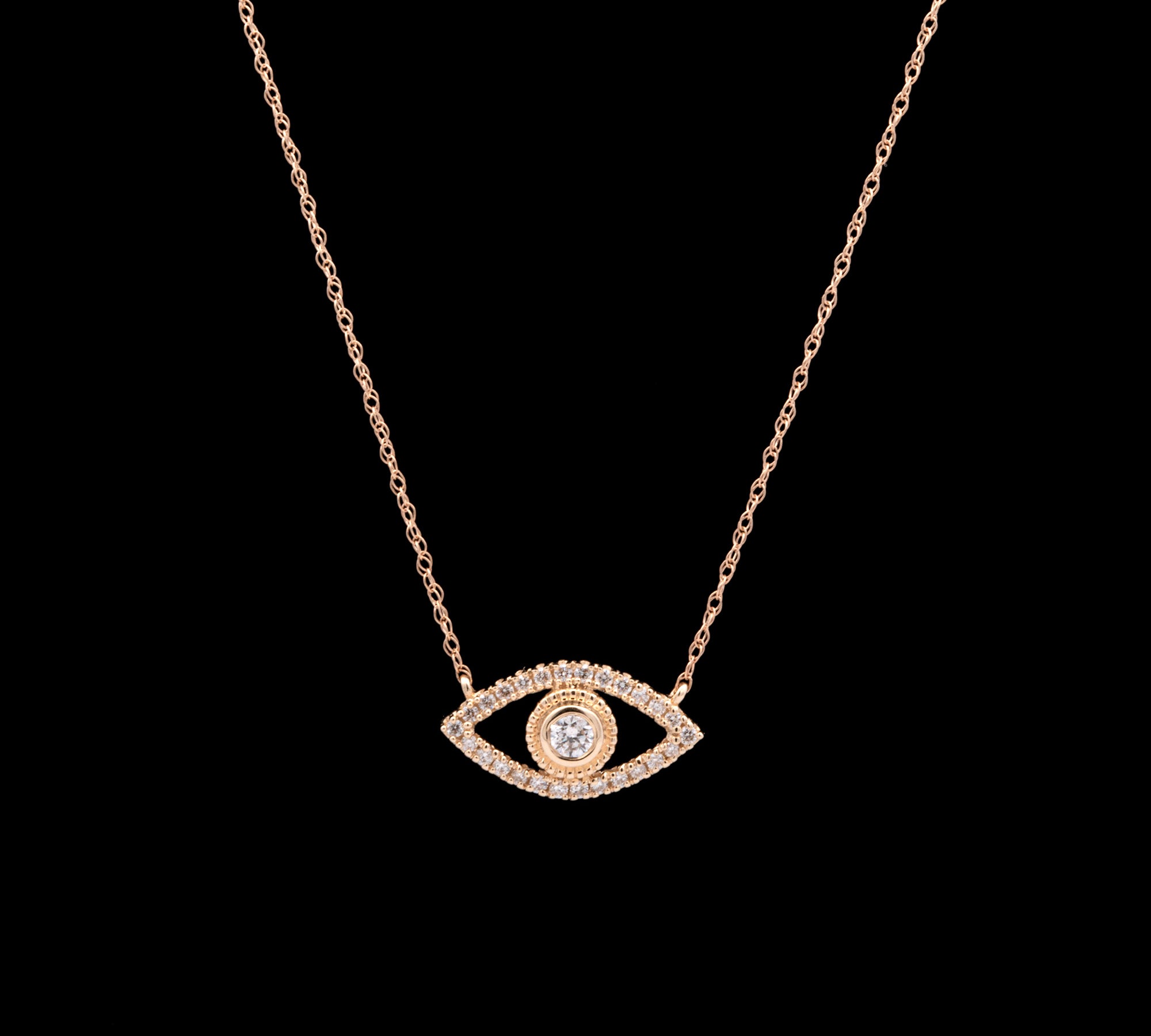 14K Yellow Gold Diamond Evil Eye Necklace, 17 Inches