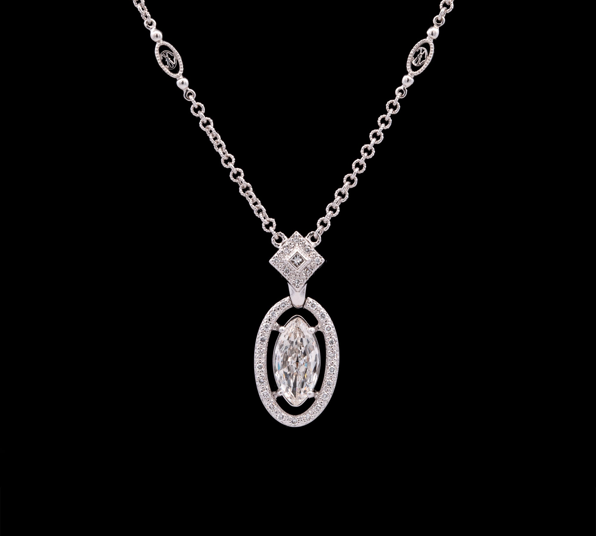 14K White Gold Marquise Diamond Halo Necklace, 16 Inches