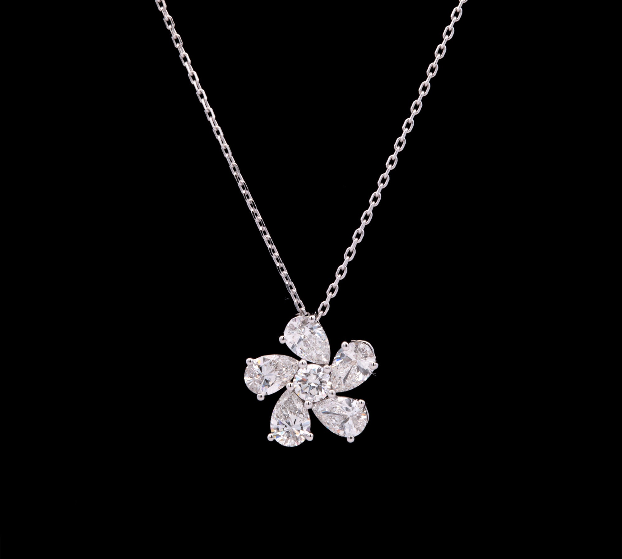14K White Gold Diamond Flower Pendant With 16 Inch Chain