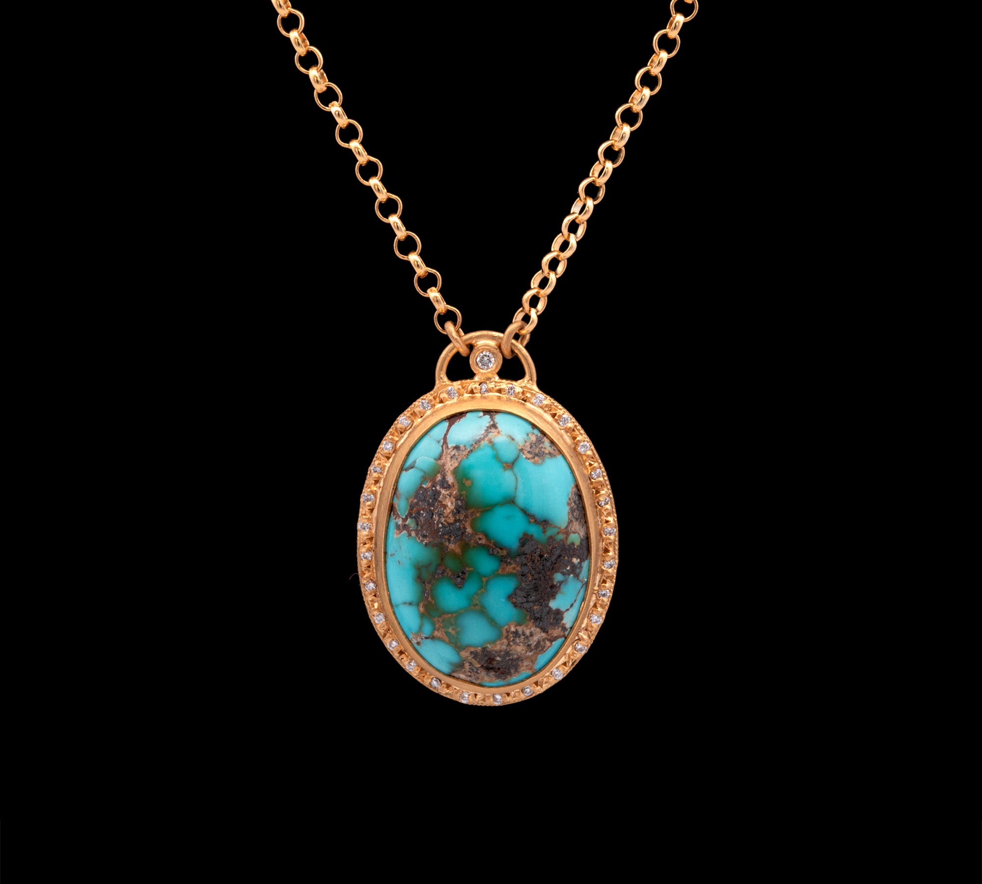 24K And 18K Yellow Gold Turquoise and Diamond Necklace, 22 Inches