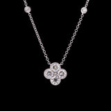 14K White Gold Diamond Clover Necklace With Diamond Station Chain, 16.5 Inches