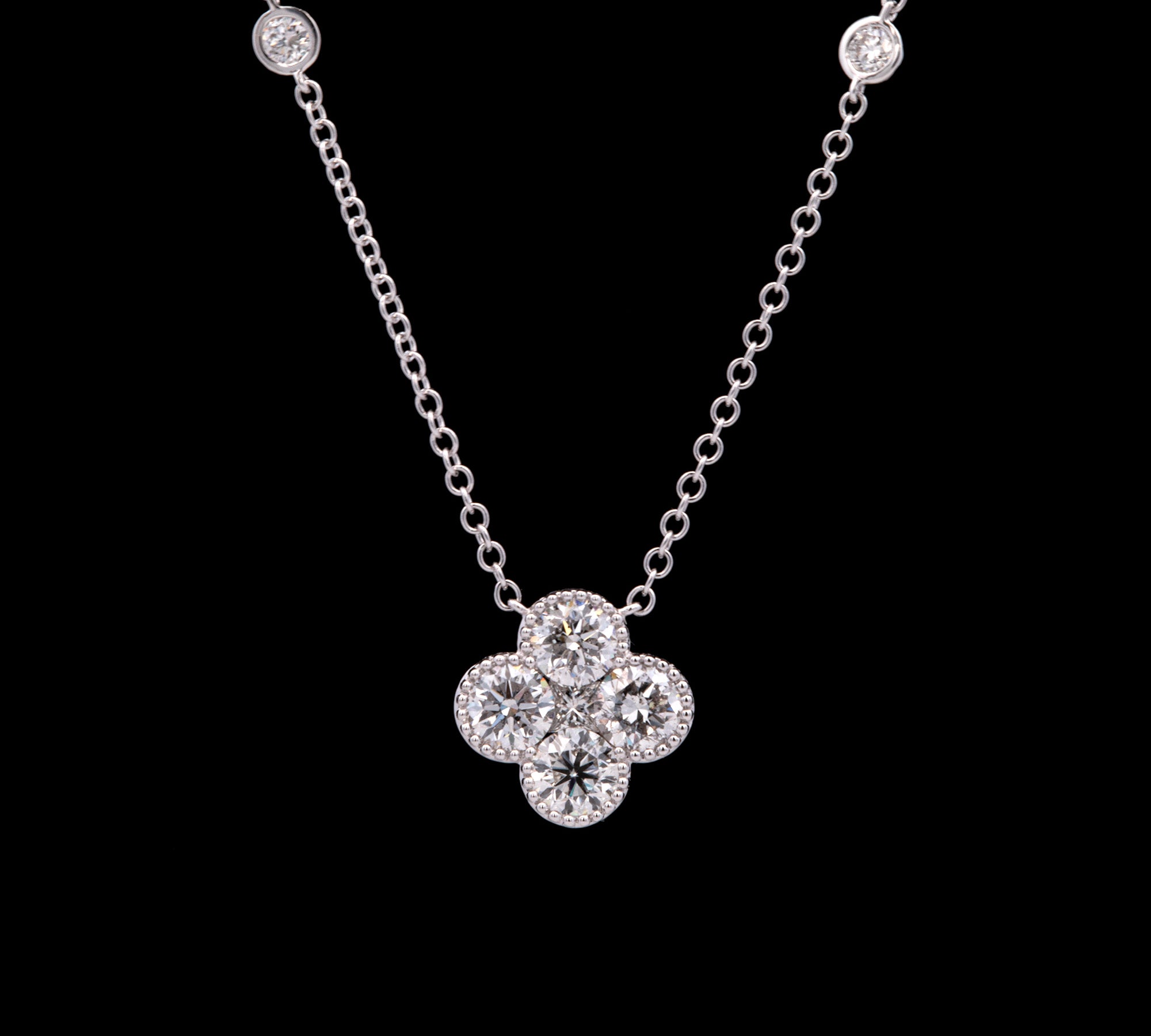 14K White Gold Diamond Clover Necklace With Diamond Station Chain, 16.5 Inches