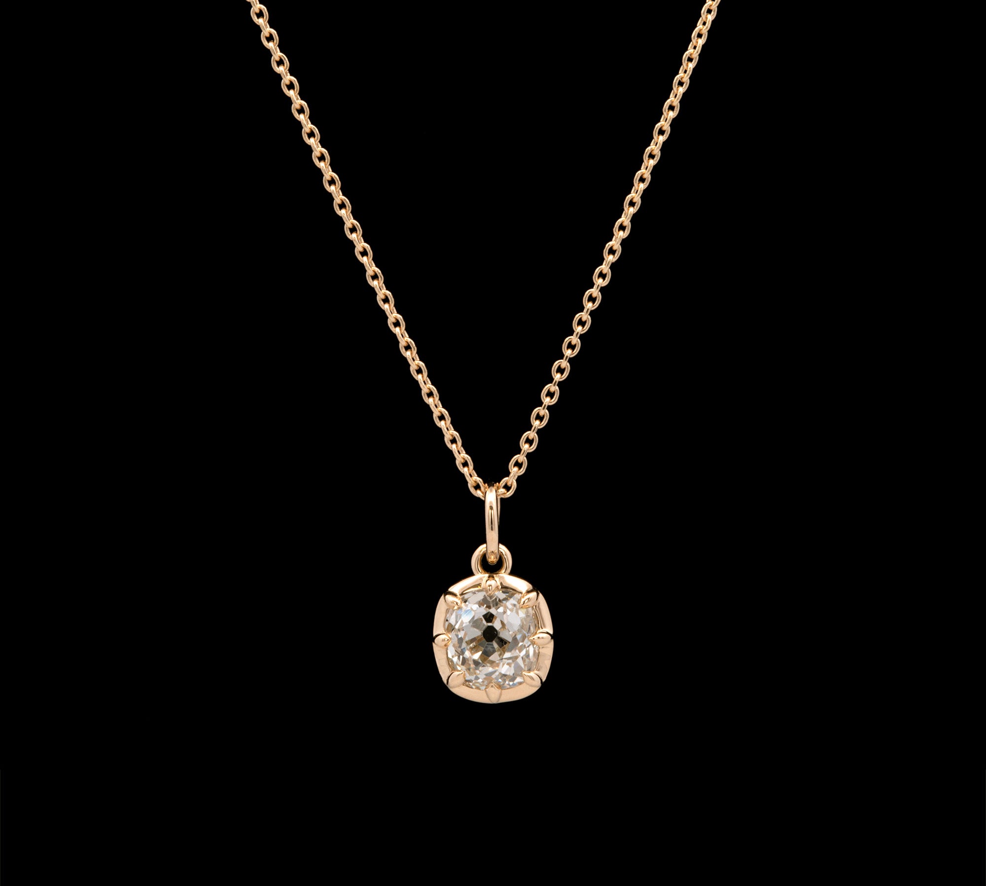 18K Yellow Gold Eight Prong Collet Set Old Mine Cut Diamond Pendant With 18 Inch Cable Chain