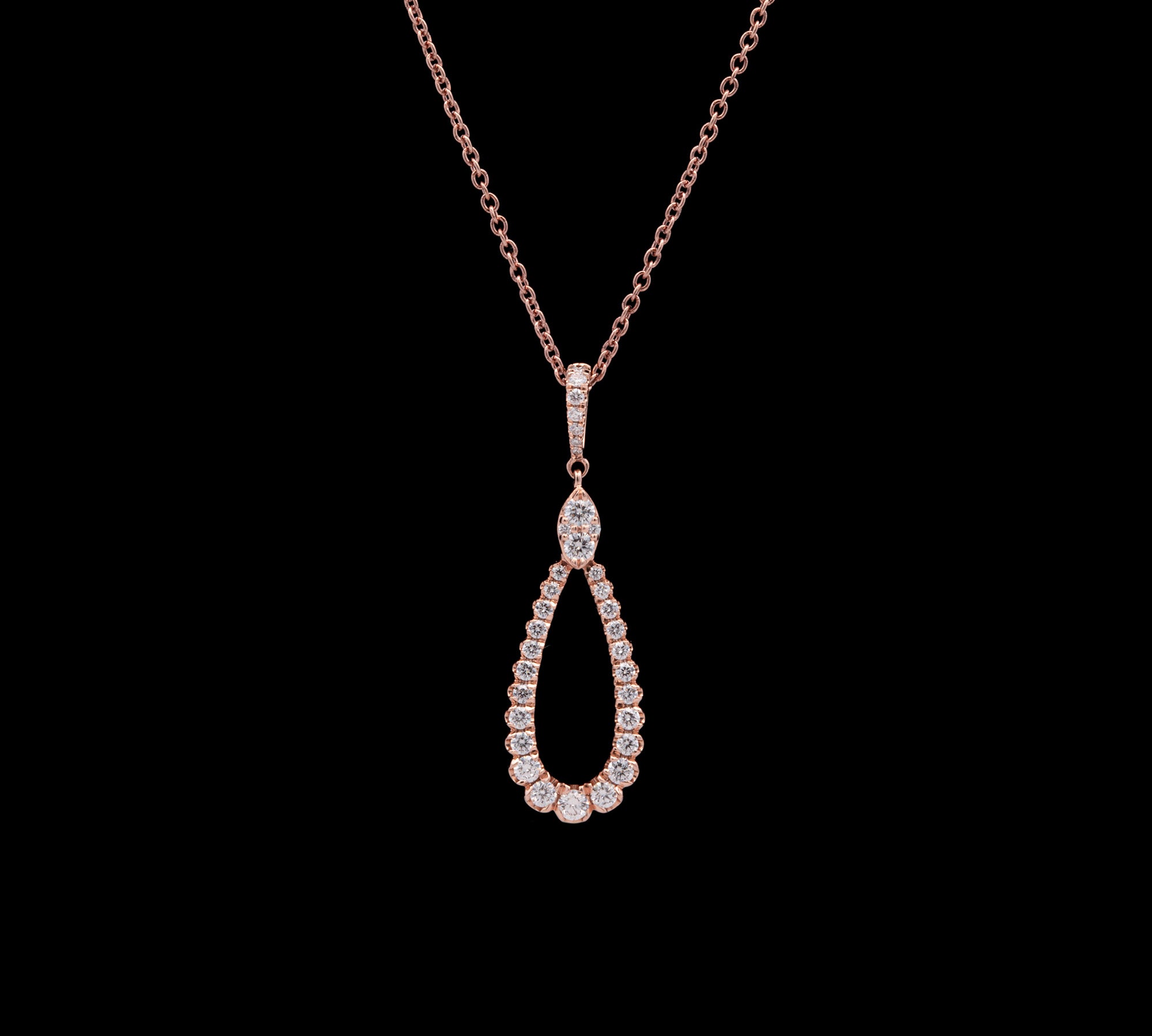 14K Rose Gold Tear Drop Diamond Pendant With 18 Inch Chain