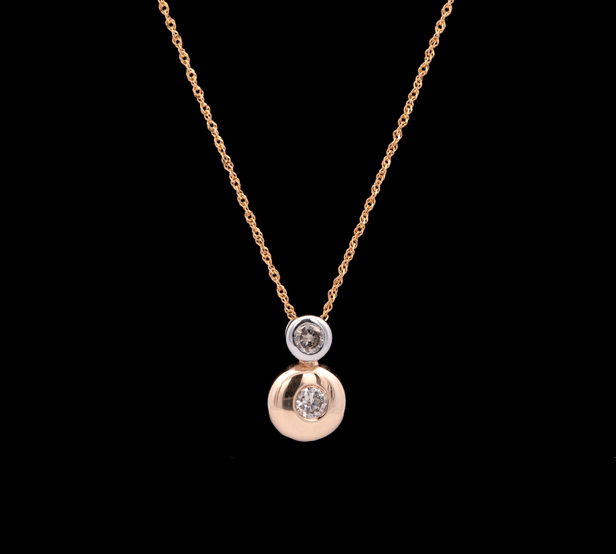 14K Yellow And White Gold Bezel Set Double Diamond Pendant With 18 Inch Chain
