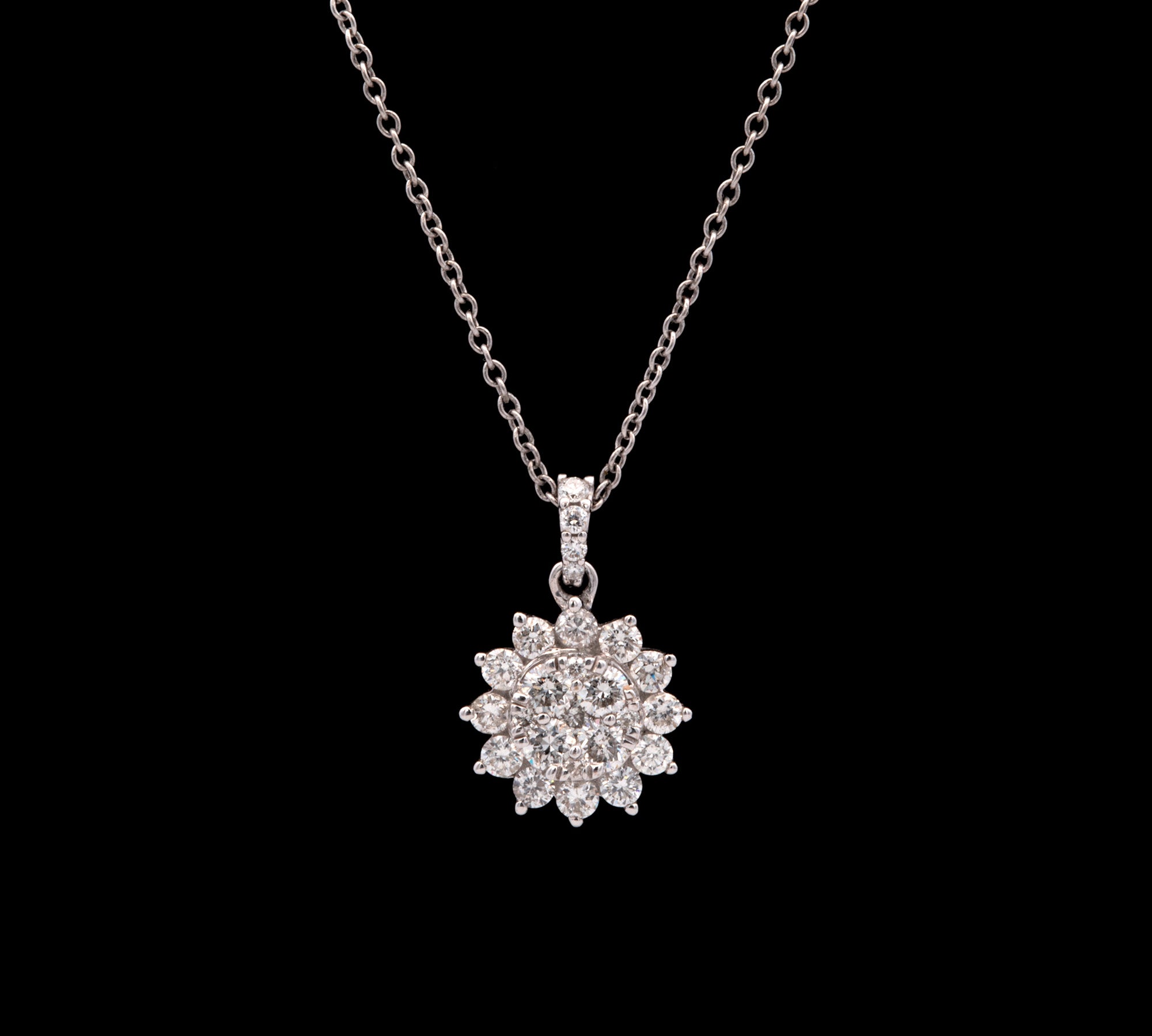 18K White Gold Diamond Cluster Pendant With 18 Inch Chain