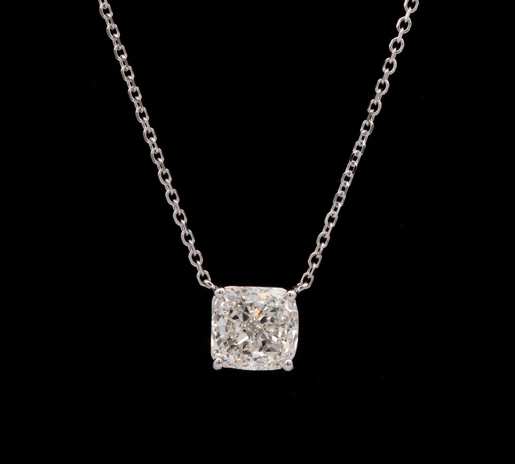 14K White Gold Cushion Cut Diamond Necklace, 18 Inches