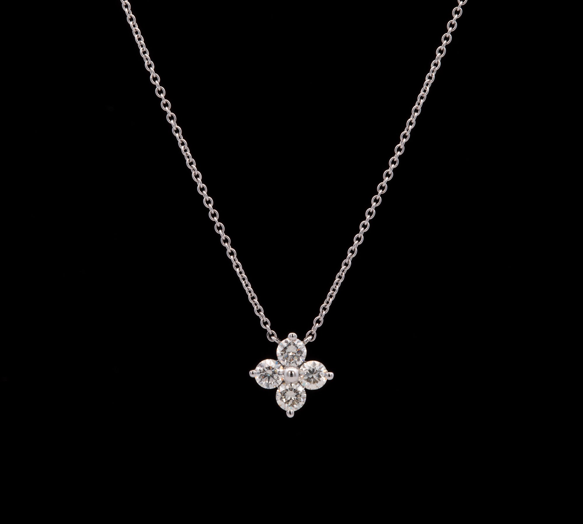 14K White Gold Diamond Clover Pendant And  18 Inch Chain