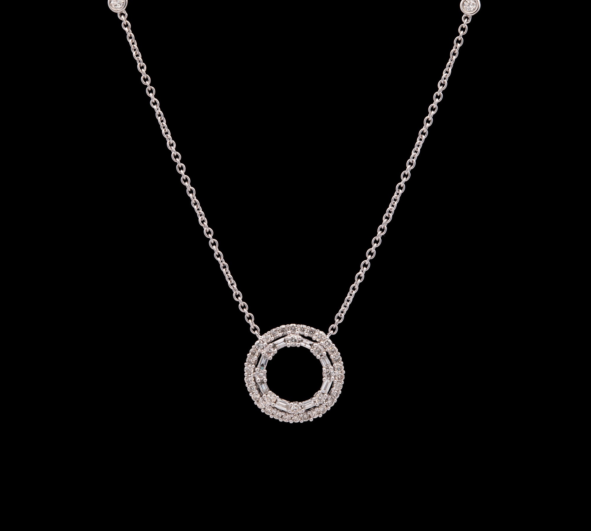 14K White Gold Diamond Circle Pendant With Diamond Station Chain