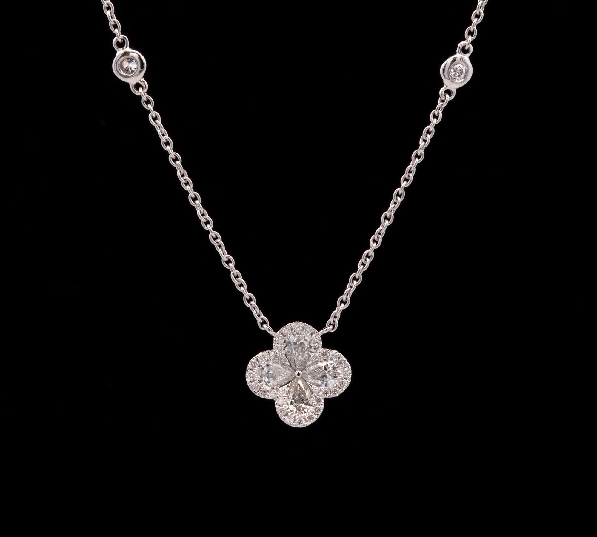 14K White Gold Diamond Clover Necklace with Diamond Station Chain, 18 Inches