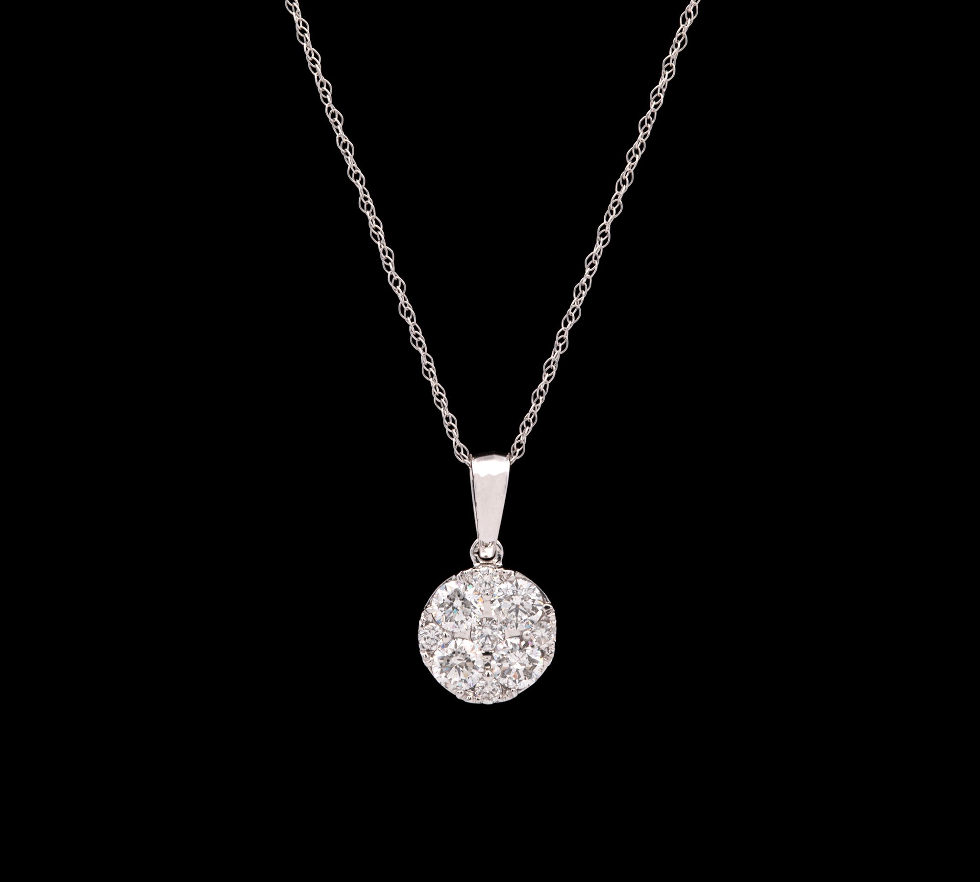 14K White Gold Diamond Cluster Pendant With 18 Inch Chain