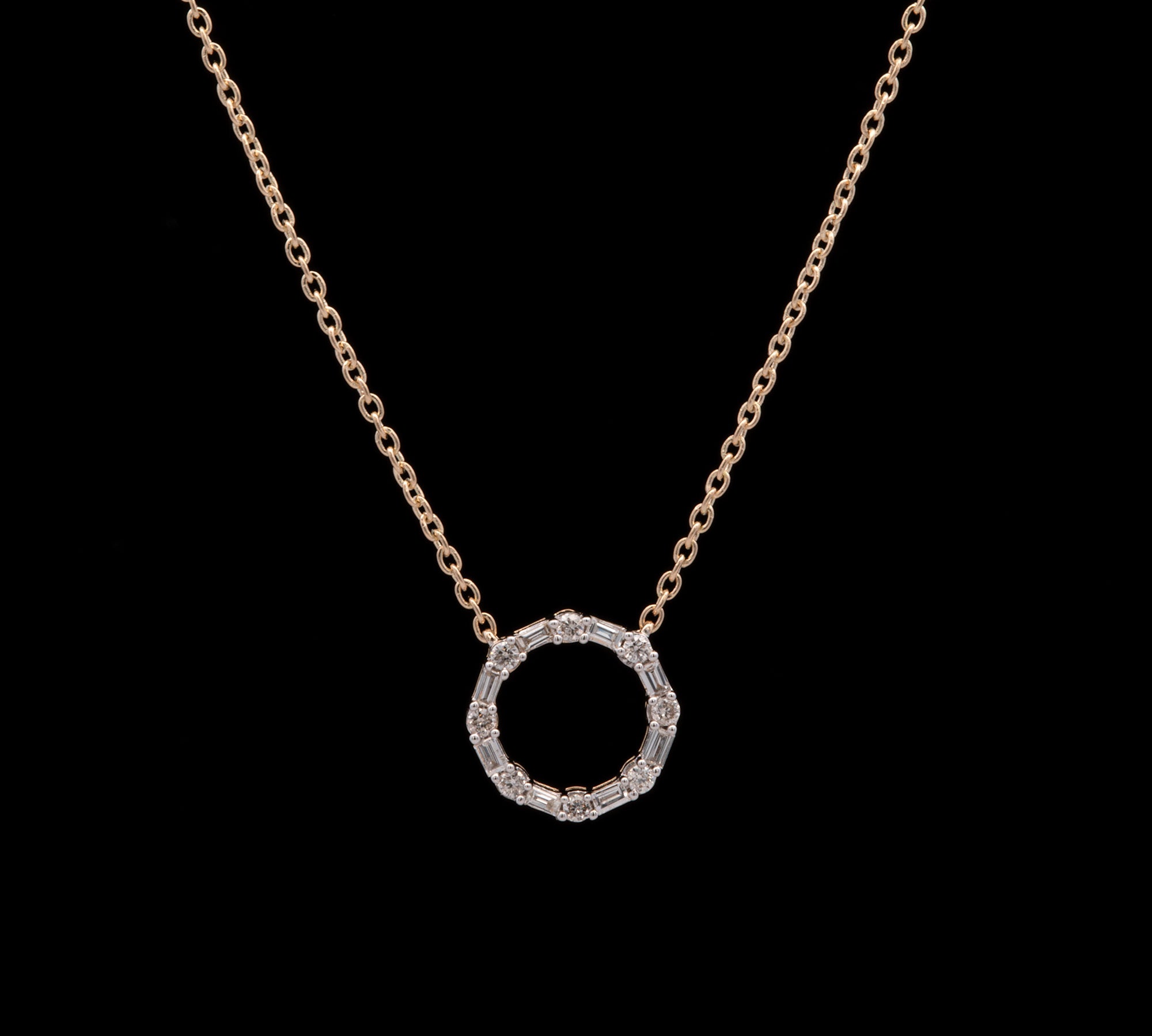 14K Yellow Gold Baguette And Round Diamond Circle Necklace, 18 Inches