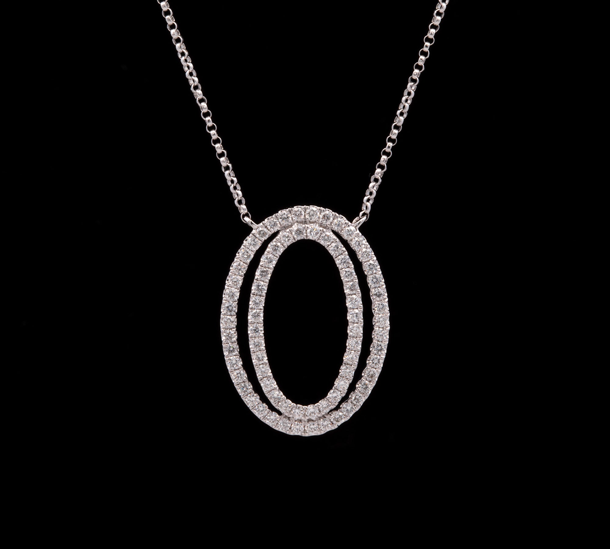 14K White Gold Concentric Oval Diamond Necklace, 18 Inches