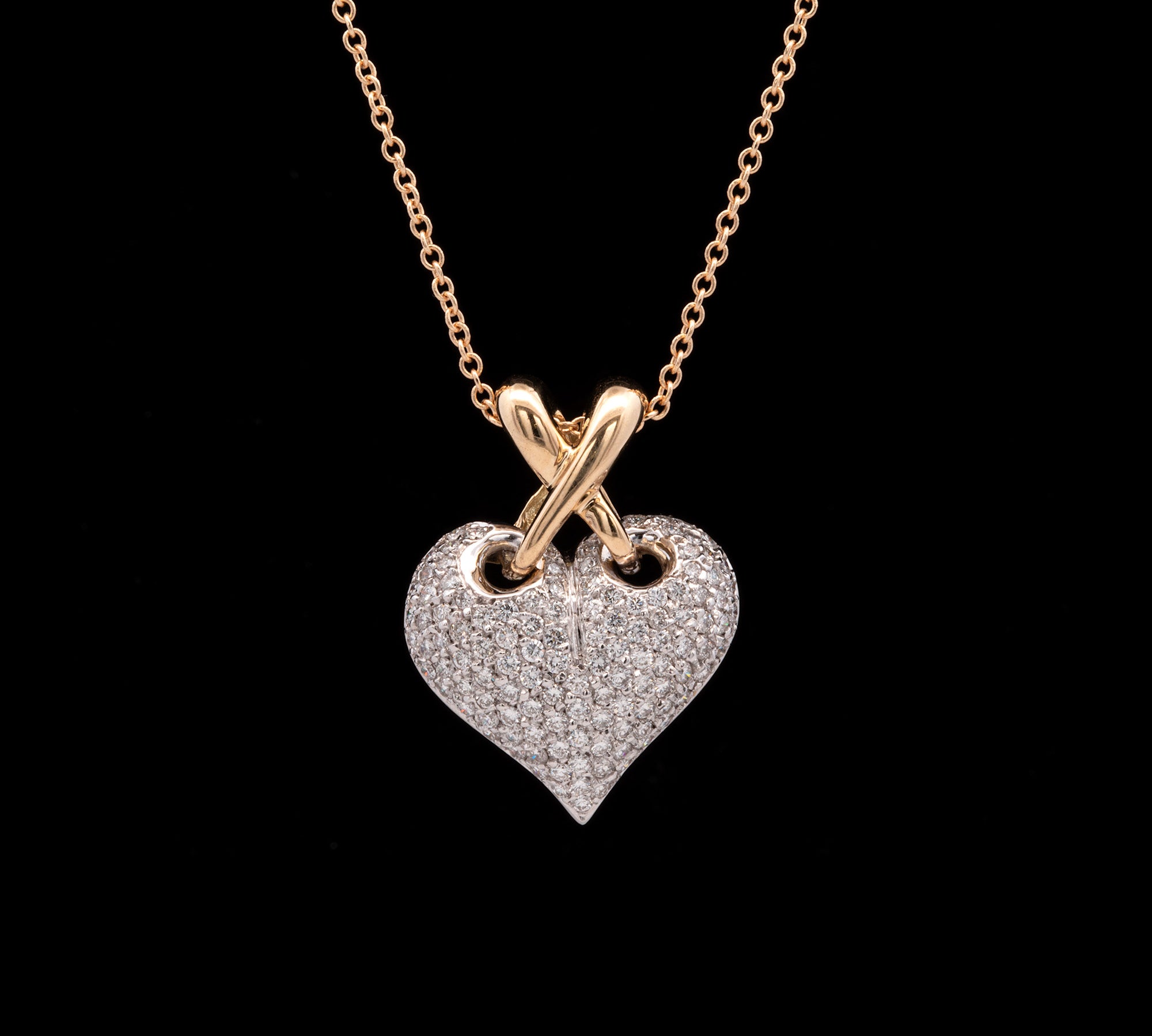 18K Yellow And White Gold Diamond Pave Puffed Heart Pendant With 18 Inch Cable Chain