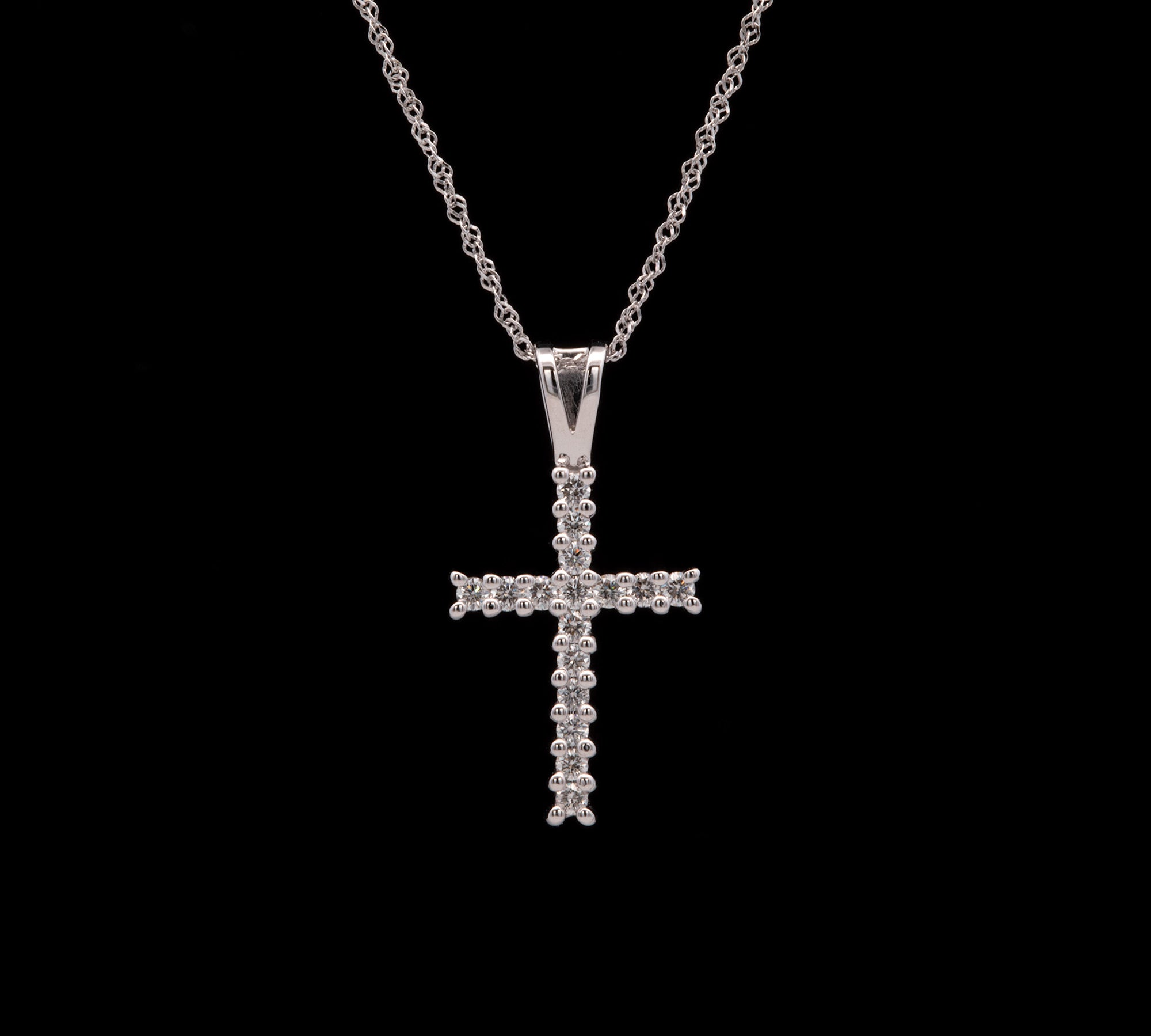 14K Diamond Cross Pendant With 16 Inch Singapore Sparkle Chain
