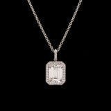 Platinum Emerald Cut Diamond Halo Pendant With 17.75 Inch Cable Chain
