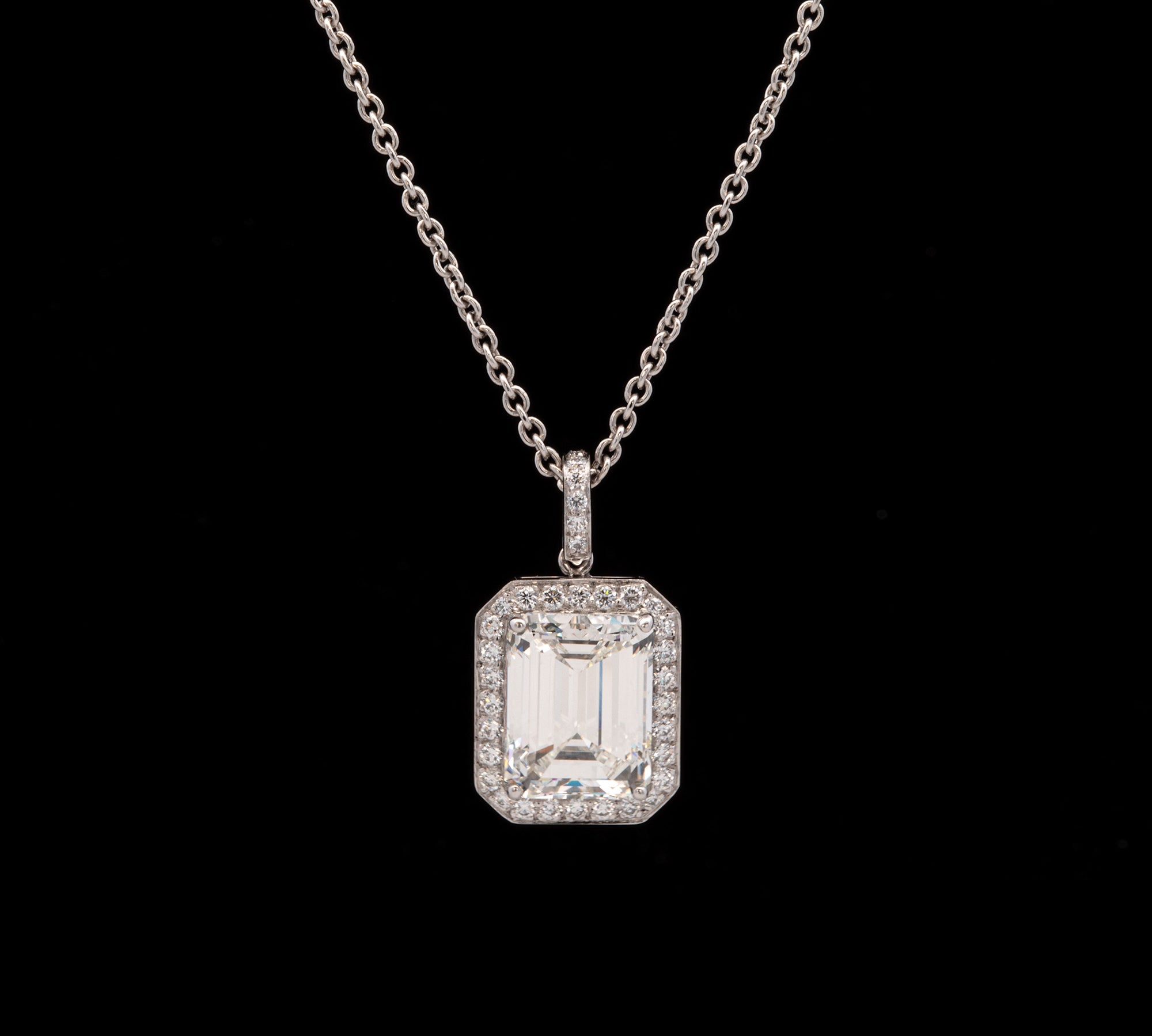 Platinum Emerald Cut Diamond Halo Pendant With 17.75 Inch Cable Chain