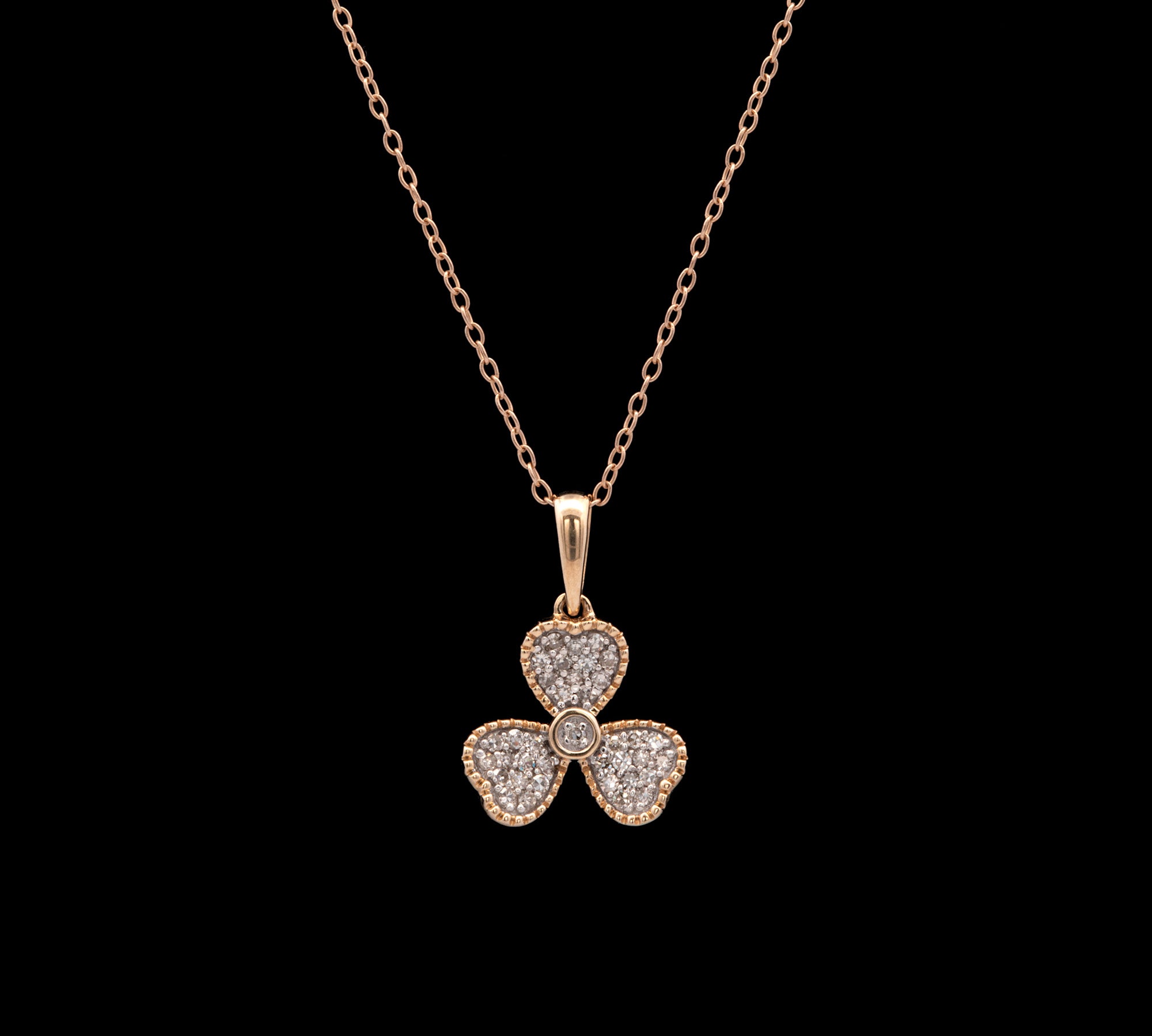 14K Yellow Gold Three Leaf Pave Diamond Pendant With 18 Ich Cable Chain