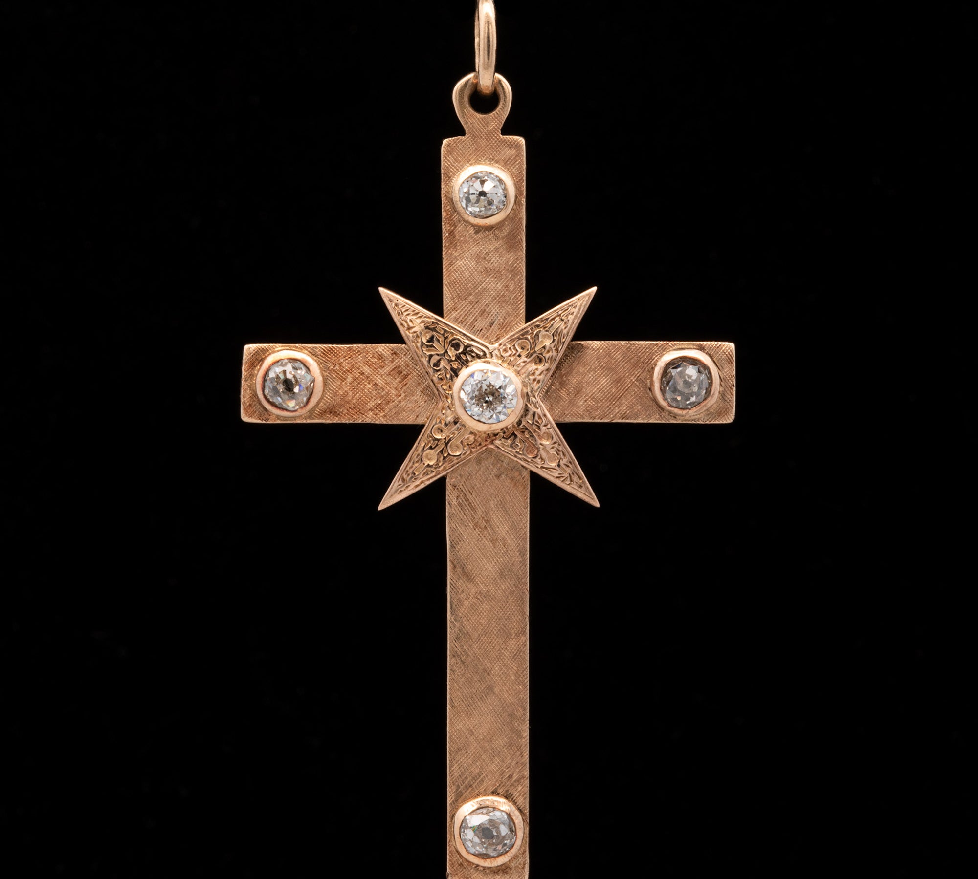 14K Yellow Gold Vintage Cross Pendant With Bezel Set Old Mine Cut Diamonds