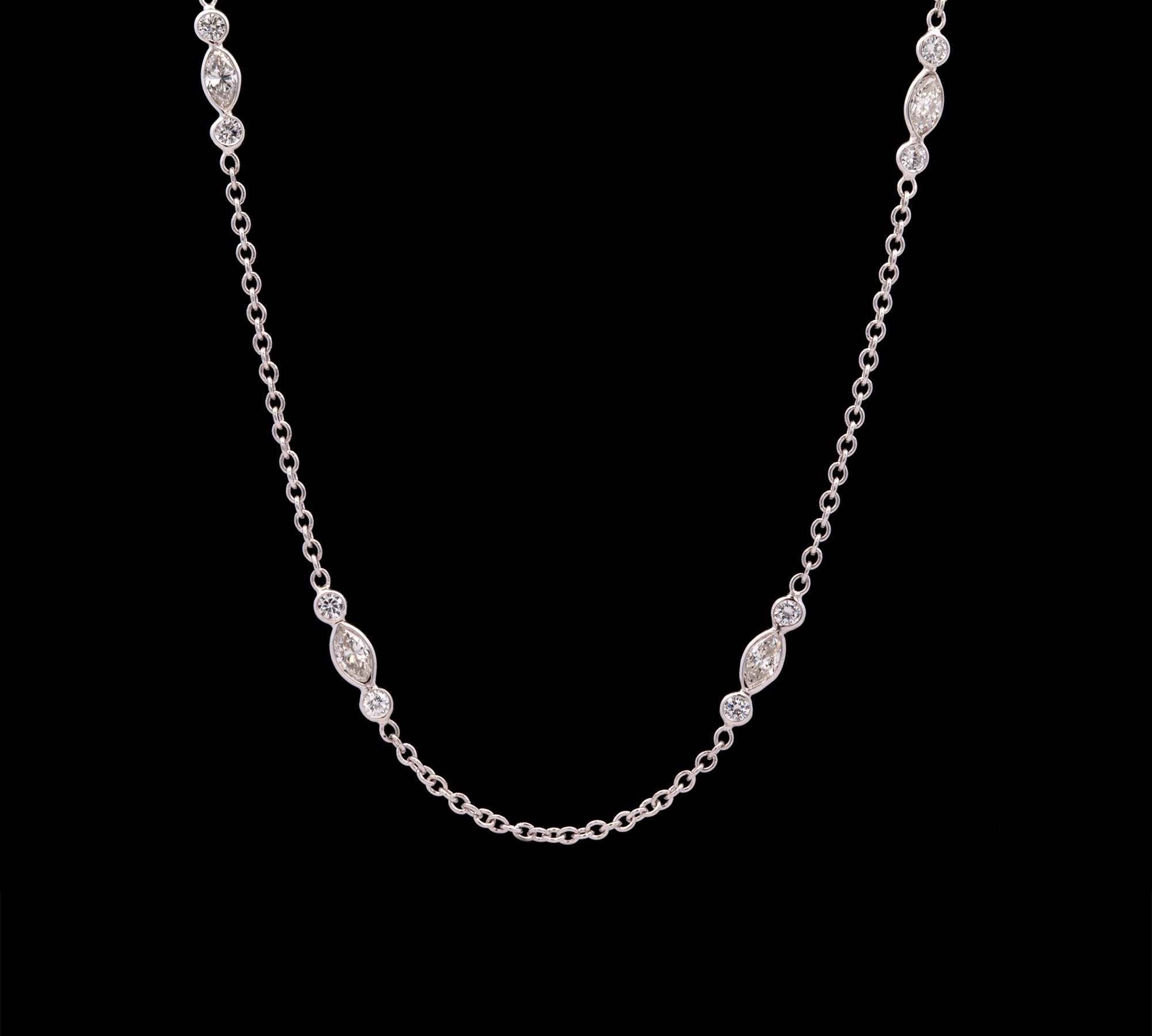 18K White Gold Marquise And Round Diamond Station Necklace