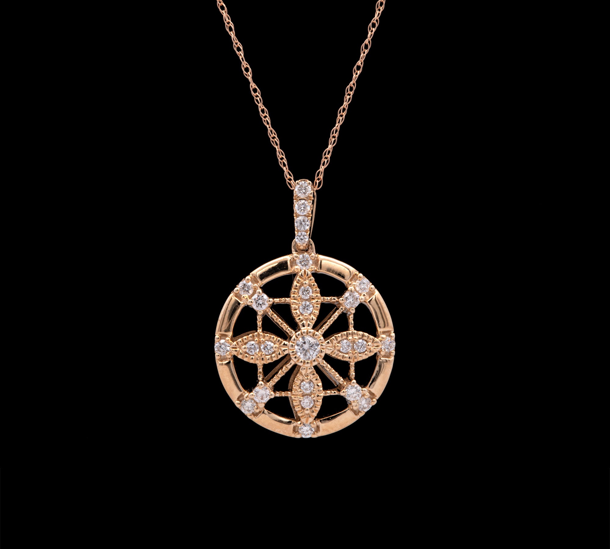 14K Yellow Gold Diamond Dream Catcher Pendant With 18 Inch Chain