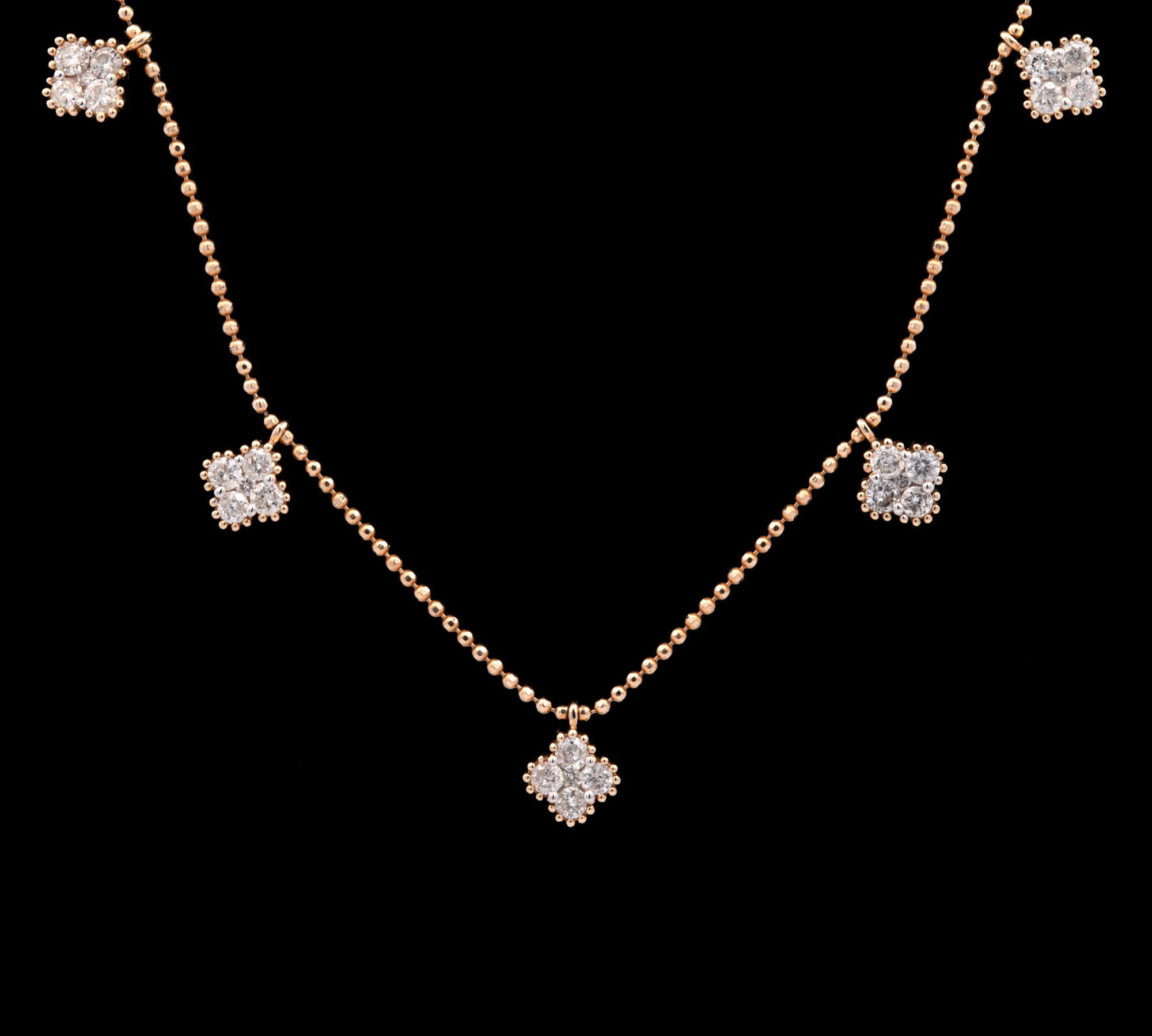 14K Yellow Gold Seven Station Diamond Clover Necklace, Adjustable 18 Inch Chain