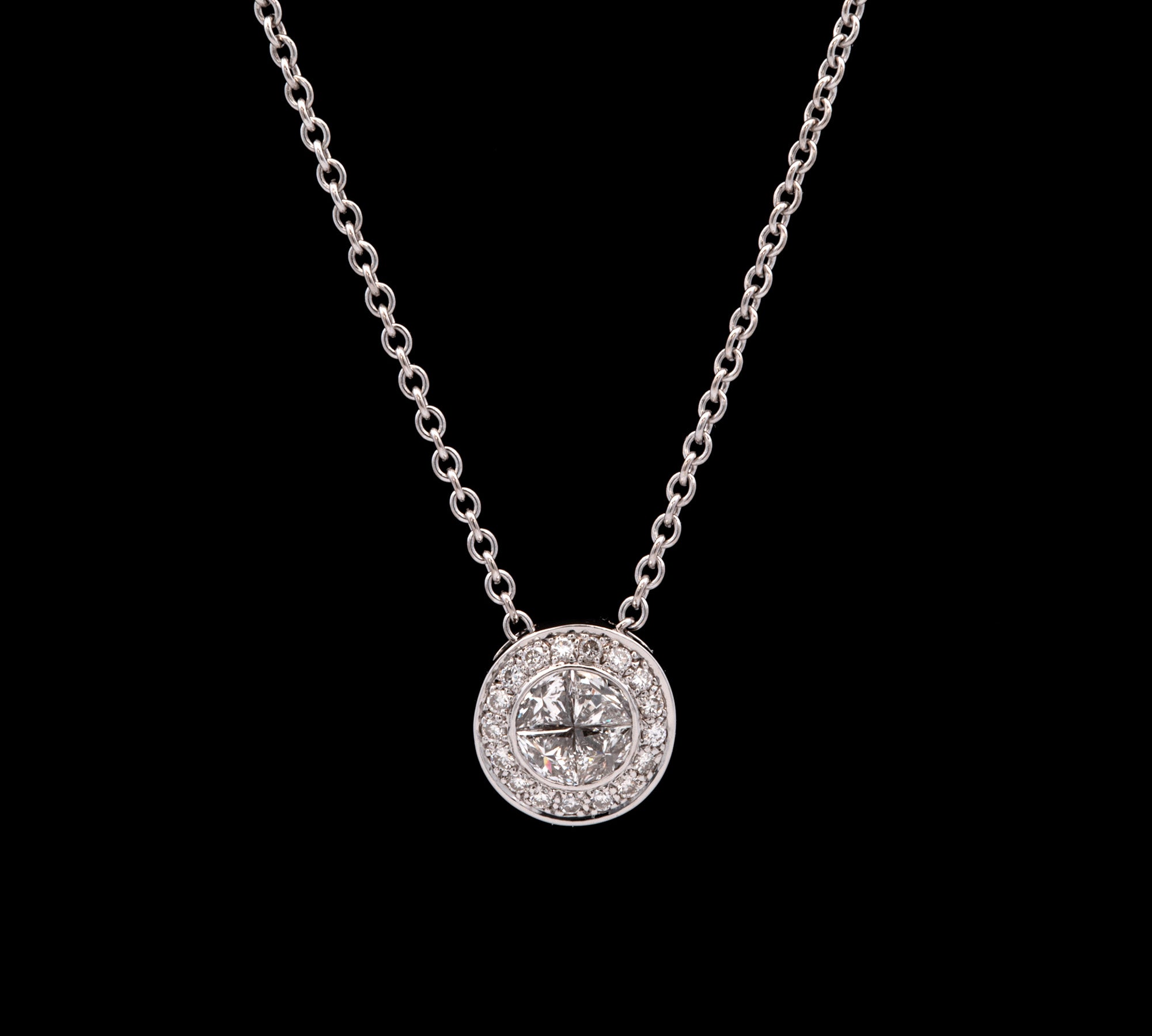 18K White Gold Diamond Illusion Set Pendant With Diamond Halo, 15 Inches