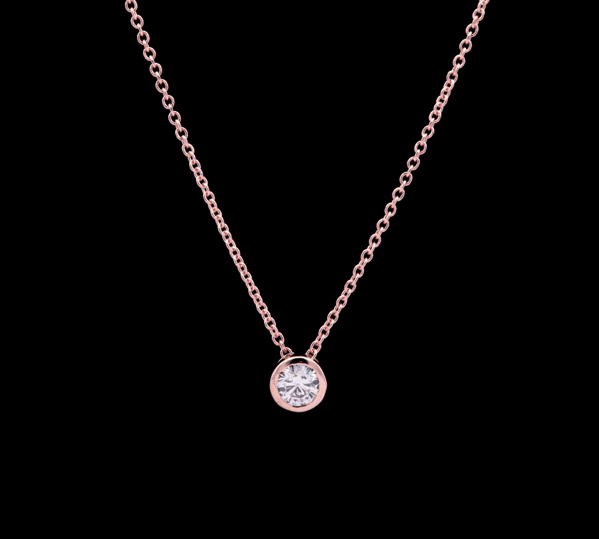 14K Rose Gold Bezel Set 0.25ctw Round Brilliant Cut Diamond Pendant With 18 Inch 1mm Cable Link Chain