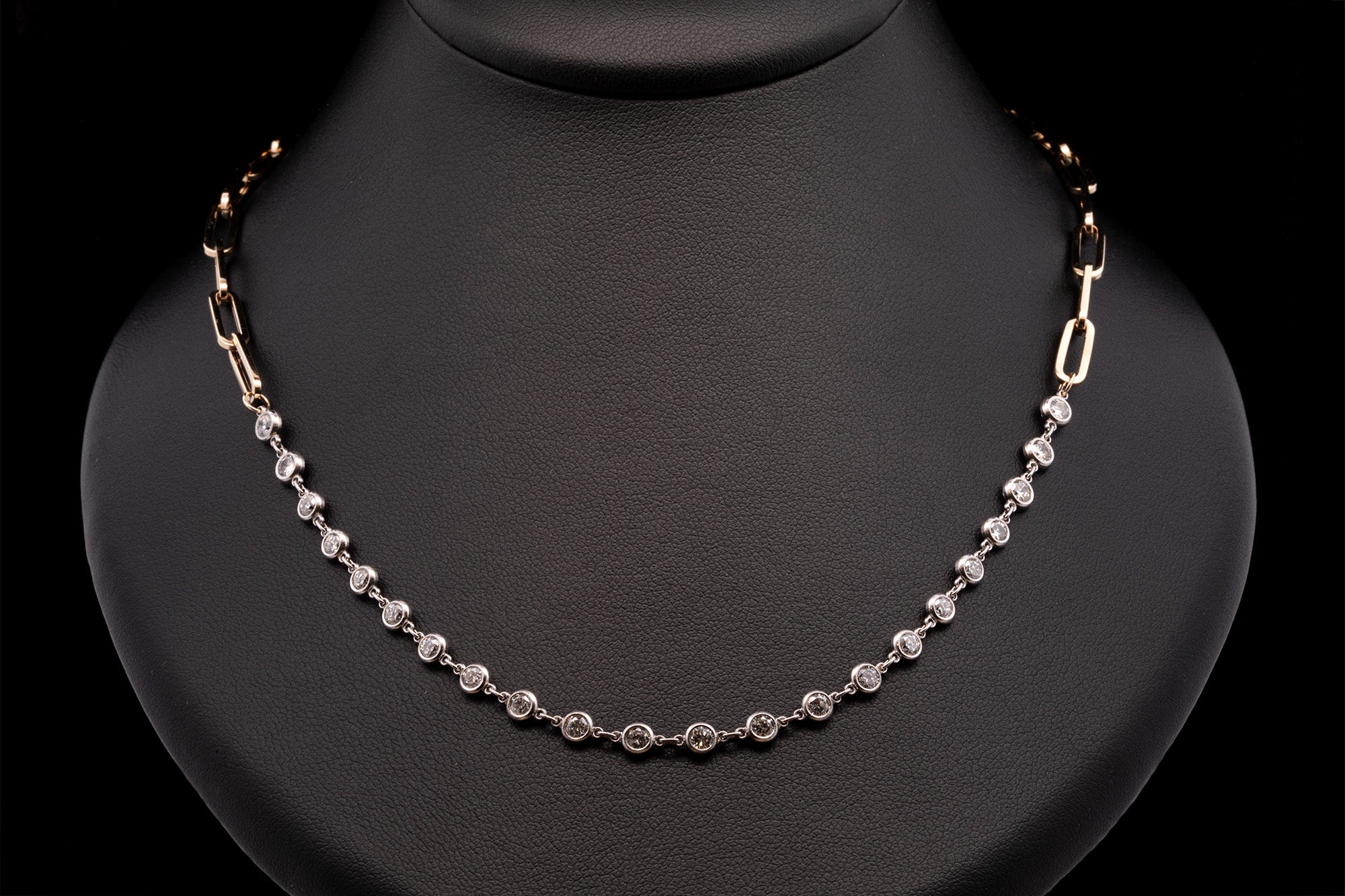 Platinum Diamond Station Necklace With 18K Yellow Gold Paperclip Chain, 22 Inches