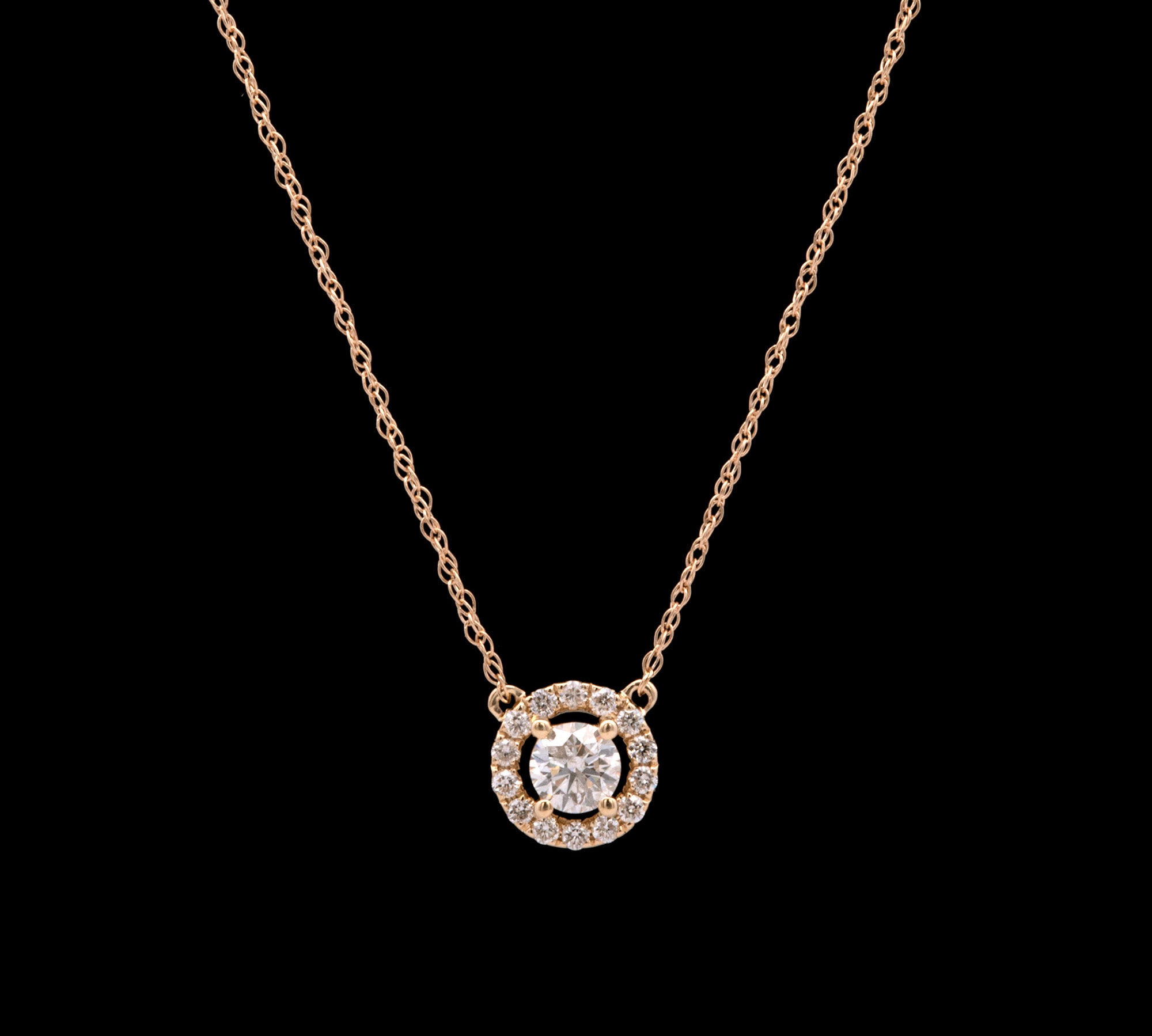 14K Yellow Gold Diamond Halo Necklace With 18 Inch Chain