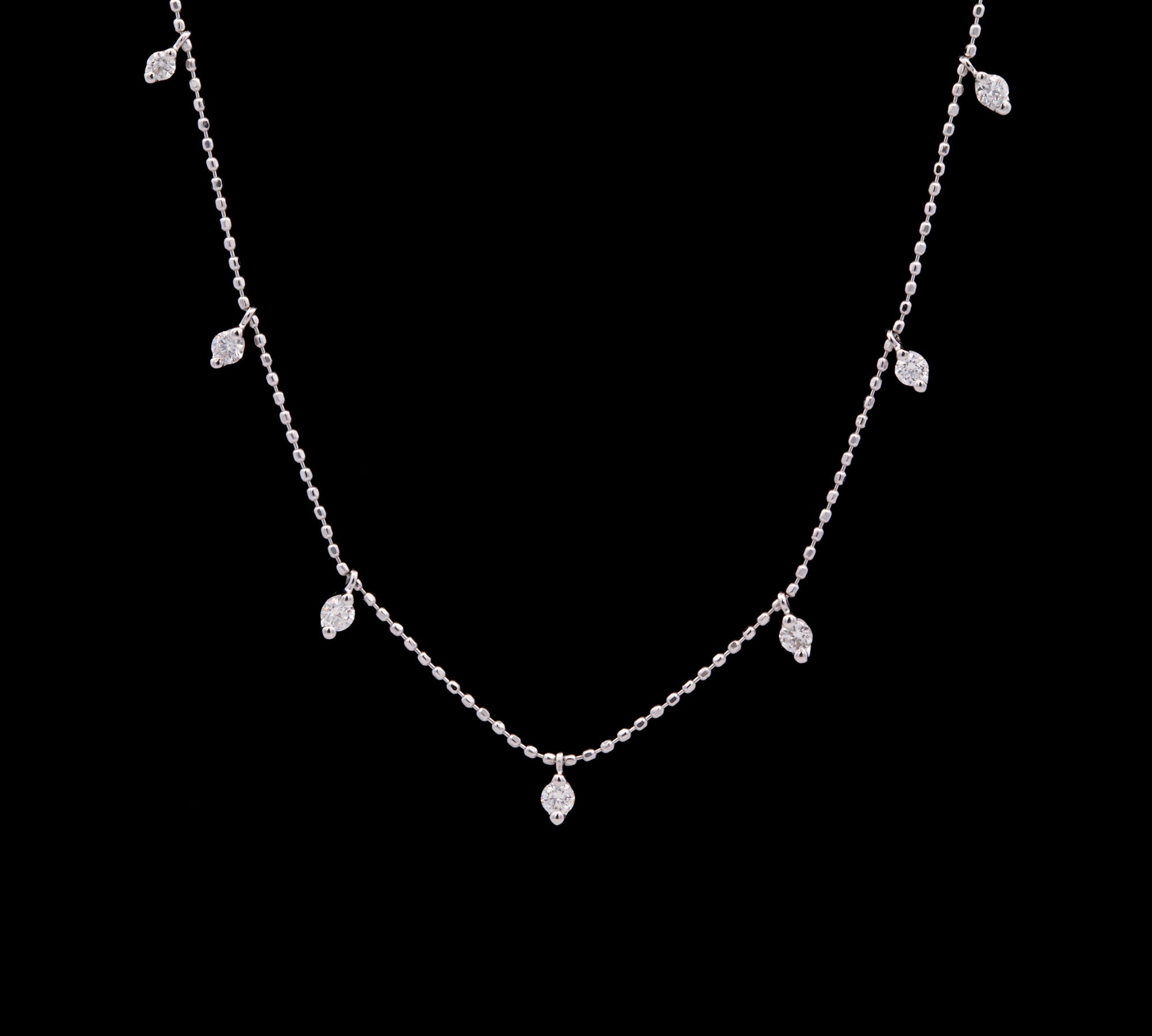14K White Gold Diamond Dangle Station Necklace With Adjustable Chain