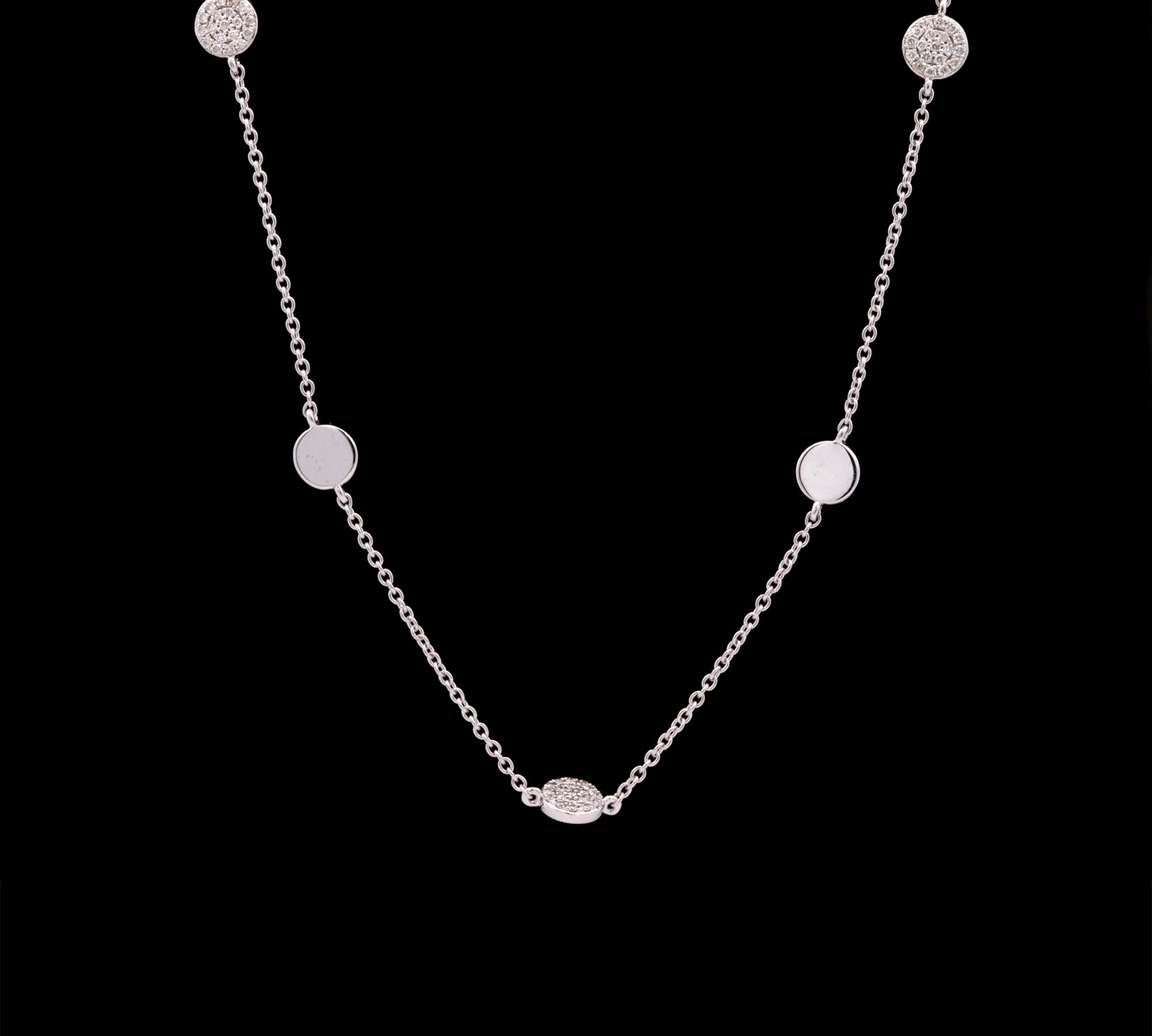 14K Yellow Gold Diamond Station Necklace With Seven Pave Diamond Disc, 18 Inches