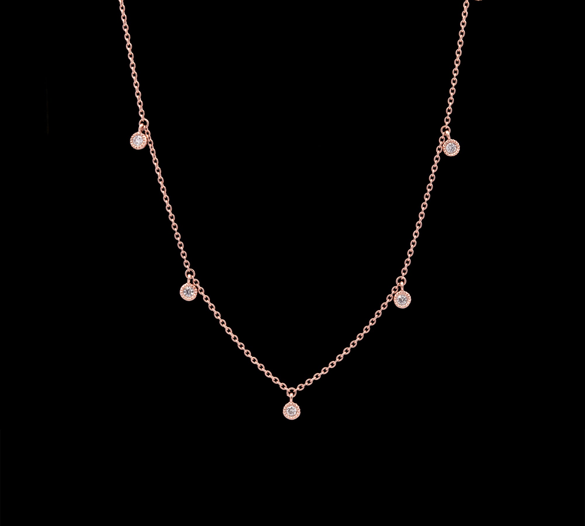 14K Rose Gold Seven Diamond Station Necklace, 18 Inches.