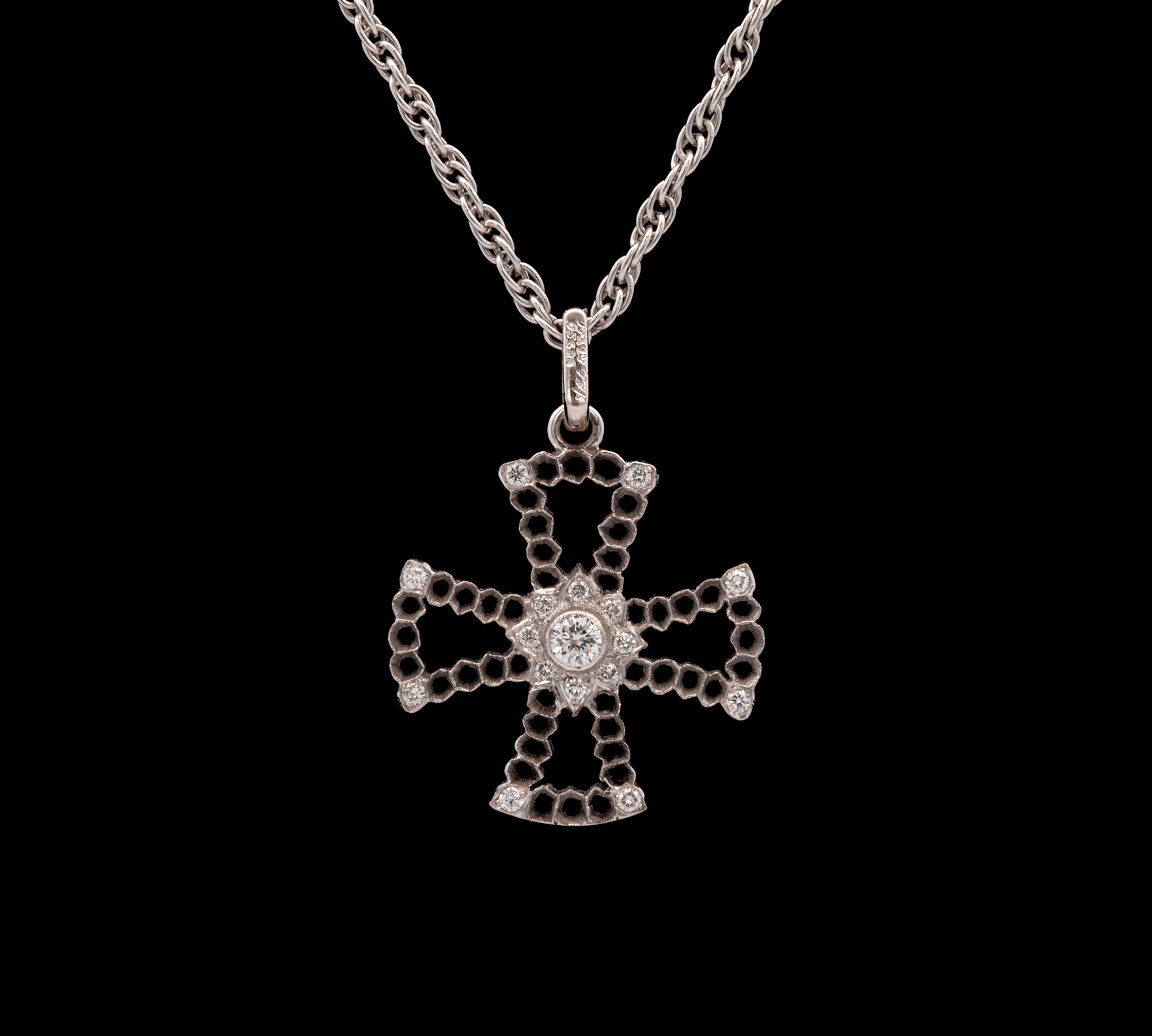 18K White Gold "Buccellati" Diamond Maltese Cross On 15.25 Inch Rope Chain