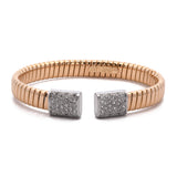 18K Yellow And White Gold Flexible Cuff Bangle Bracelet With Pave Diamond Ends