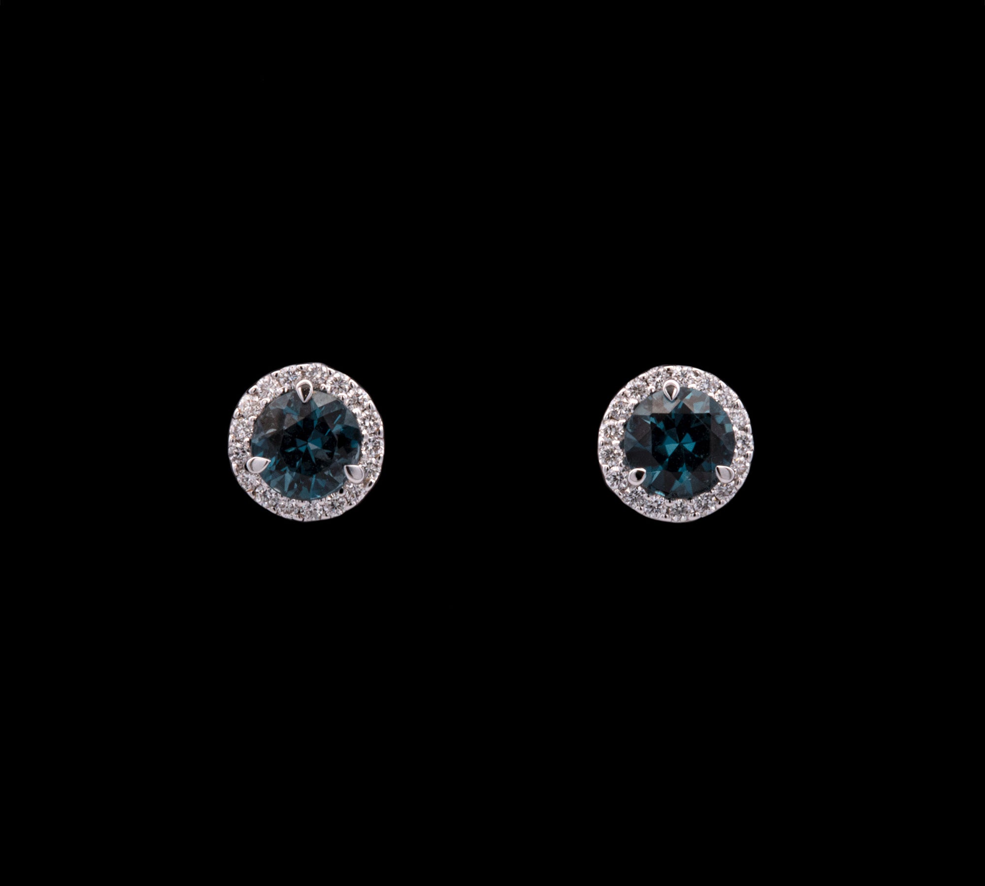 18K White Gold London Blue Topaz Diamond Halo Stud Earrings