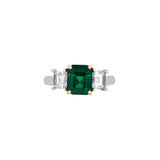 Platinum Emerald With 18K Yellow Gold Mounting And Rectangular Cut Diamond Ring