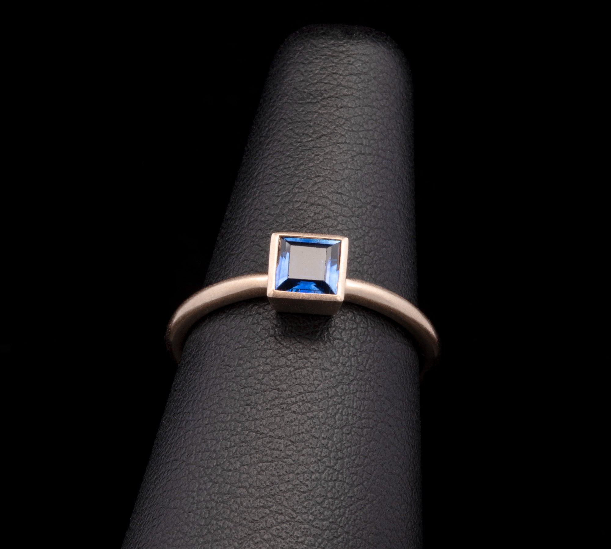 14K Yellow Gold Bezel Set Square Ceylon Sapphire Ring With Brushed Finish