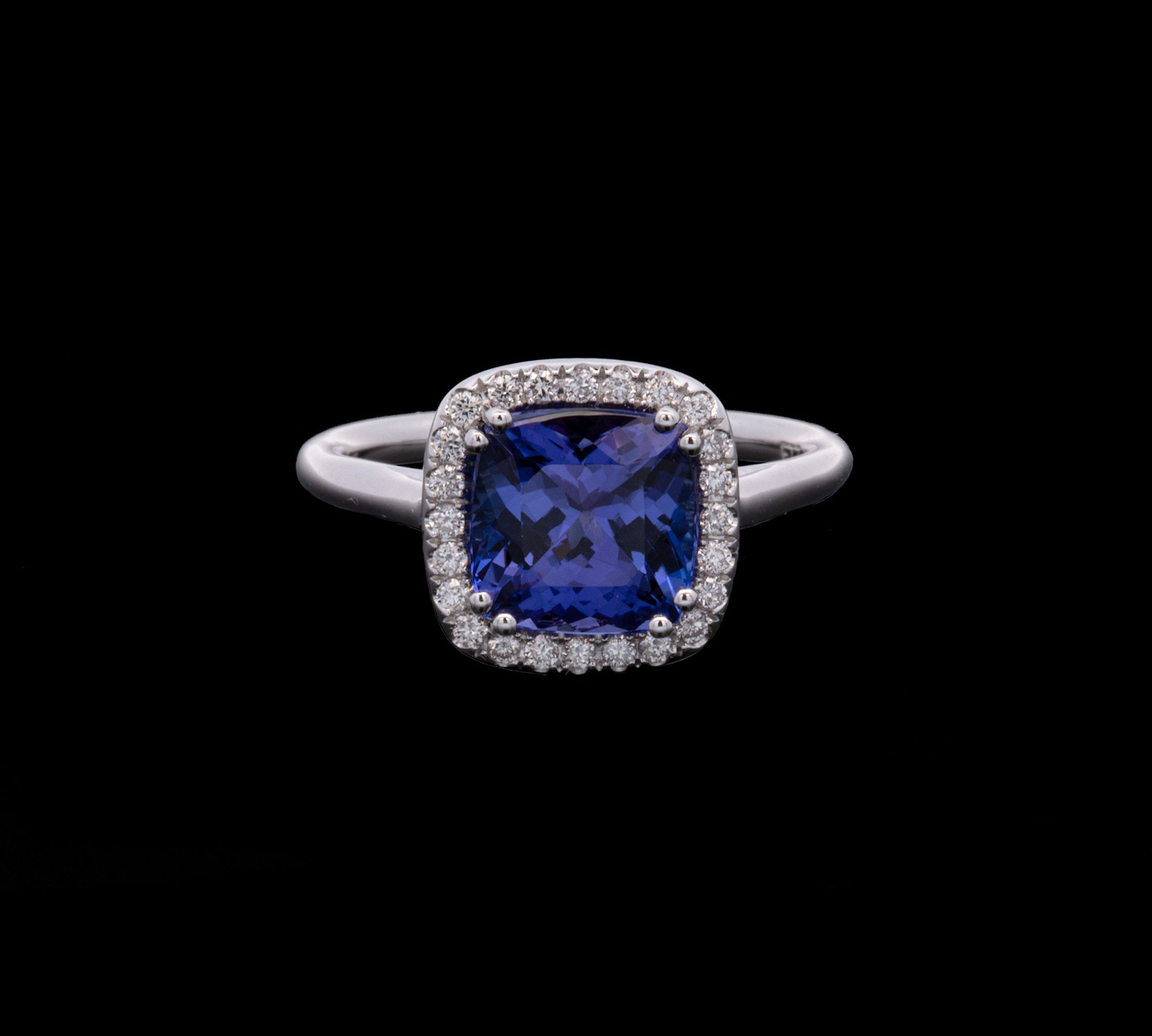 14K White Gold Cushion Cut Tanzanite And Diamond Halo Ring