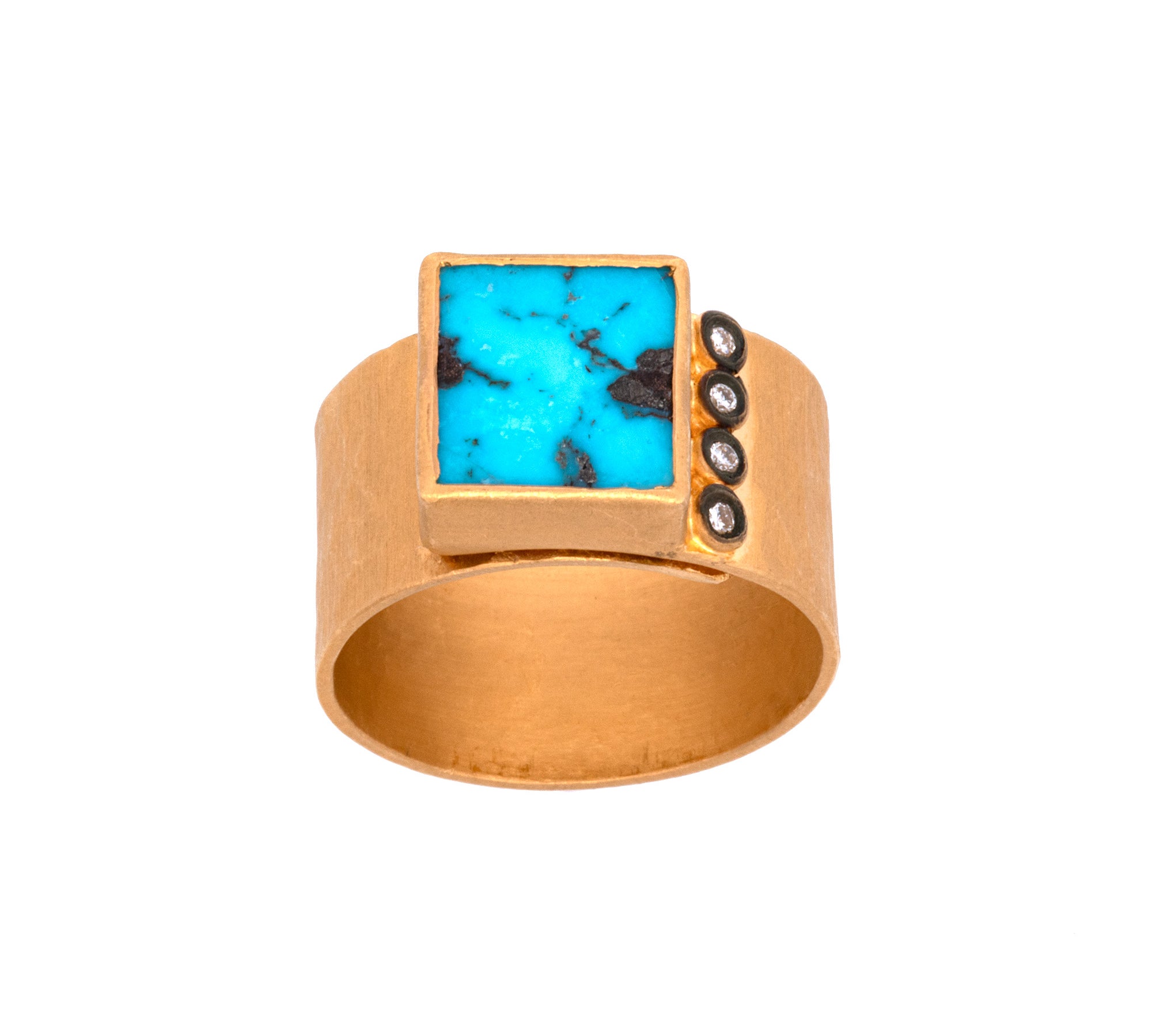 24K Yellow Gold Hammered Square Turquoise Ring