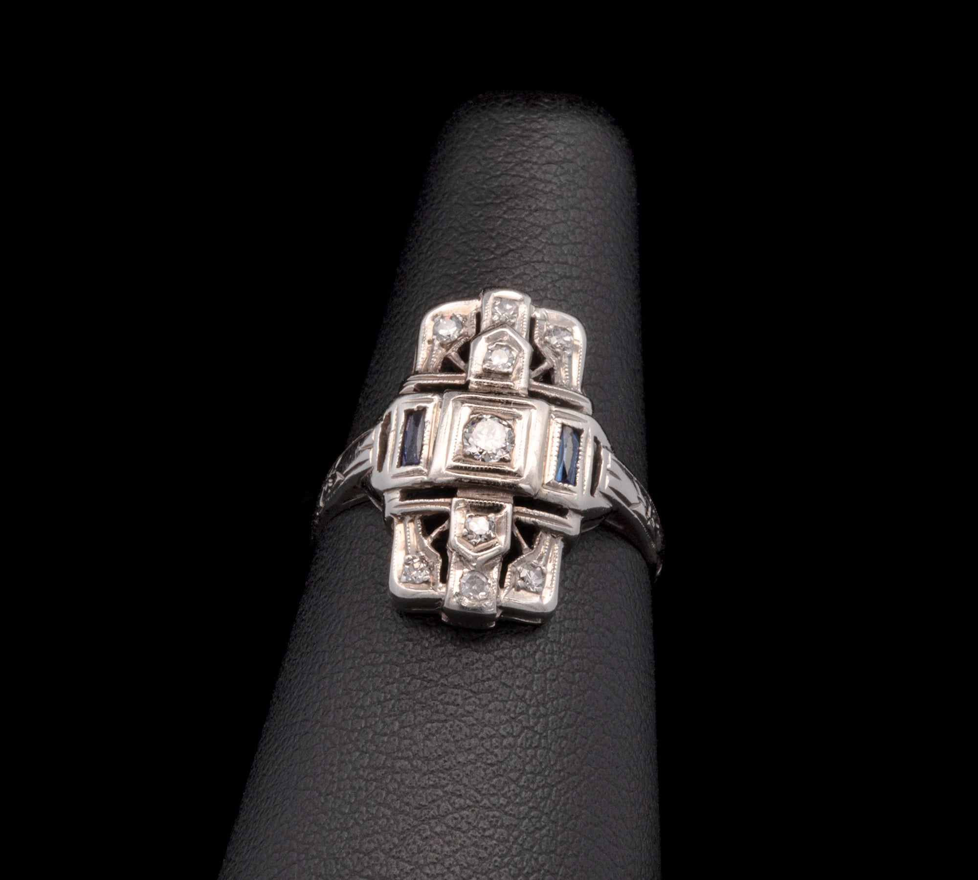 14K White Gold Diamond And Sapphire Shield Ring