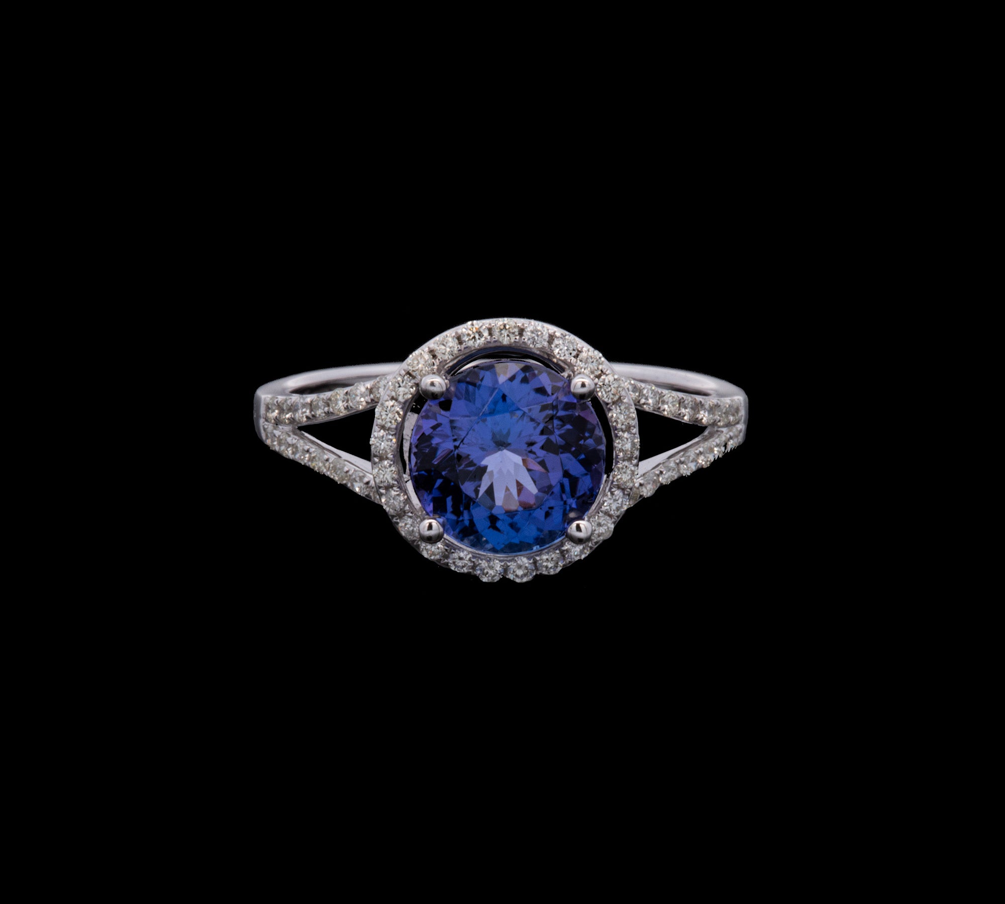 14K White Gold Tanzanite And Diamond Halo Split Shank Ring