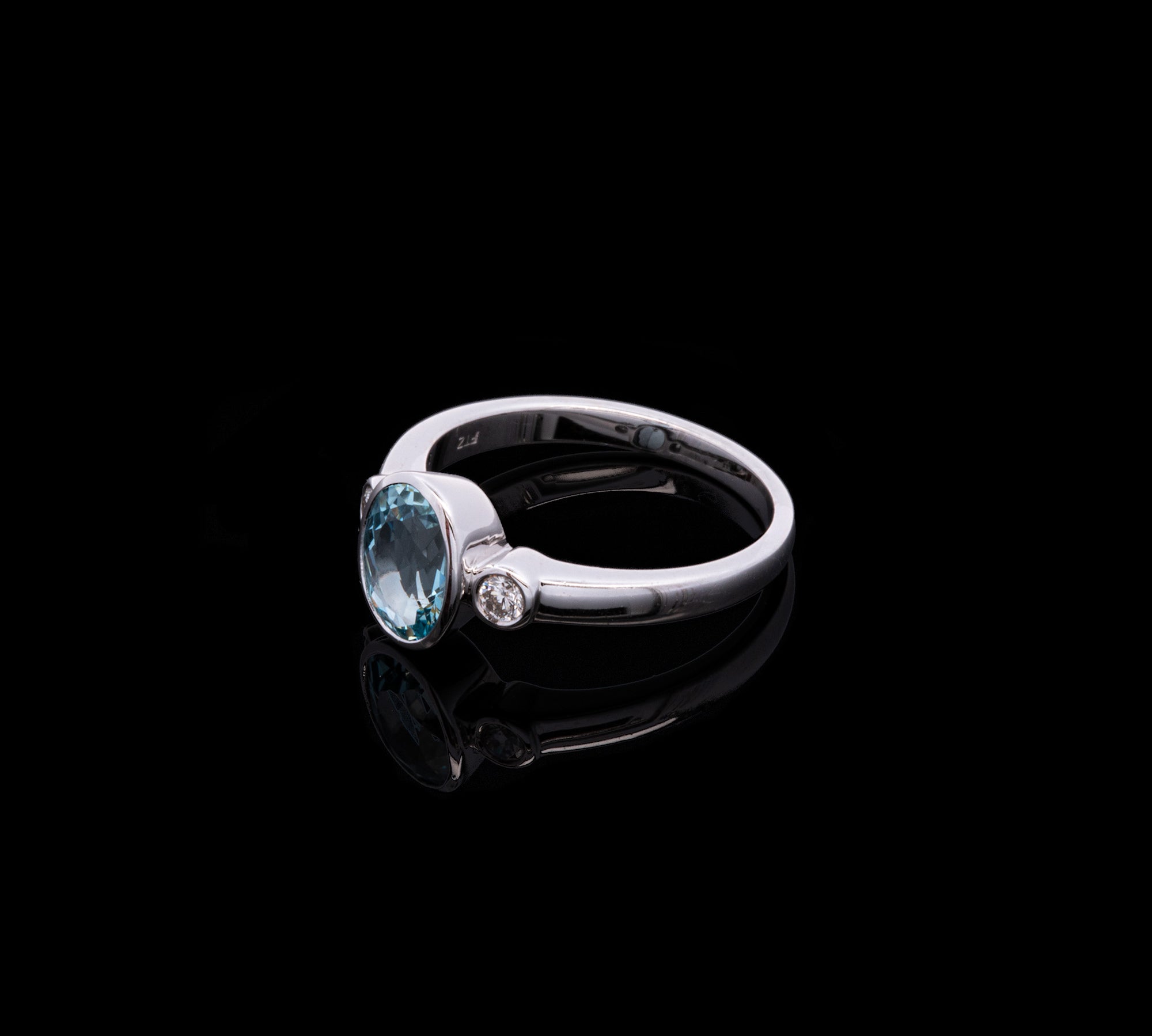14K White Gold Bezel Set Oval Aquamarine Ring With Diamond Accents