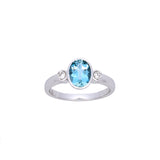 14K White Gold Bezel Set Oval Aquamarine Ring With Diamond Accents