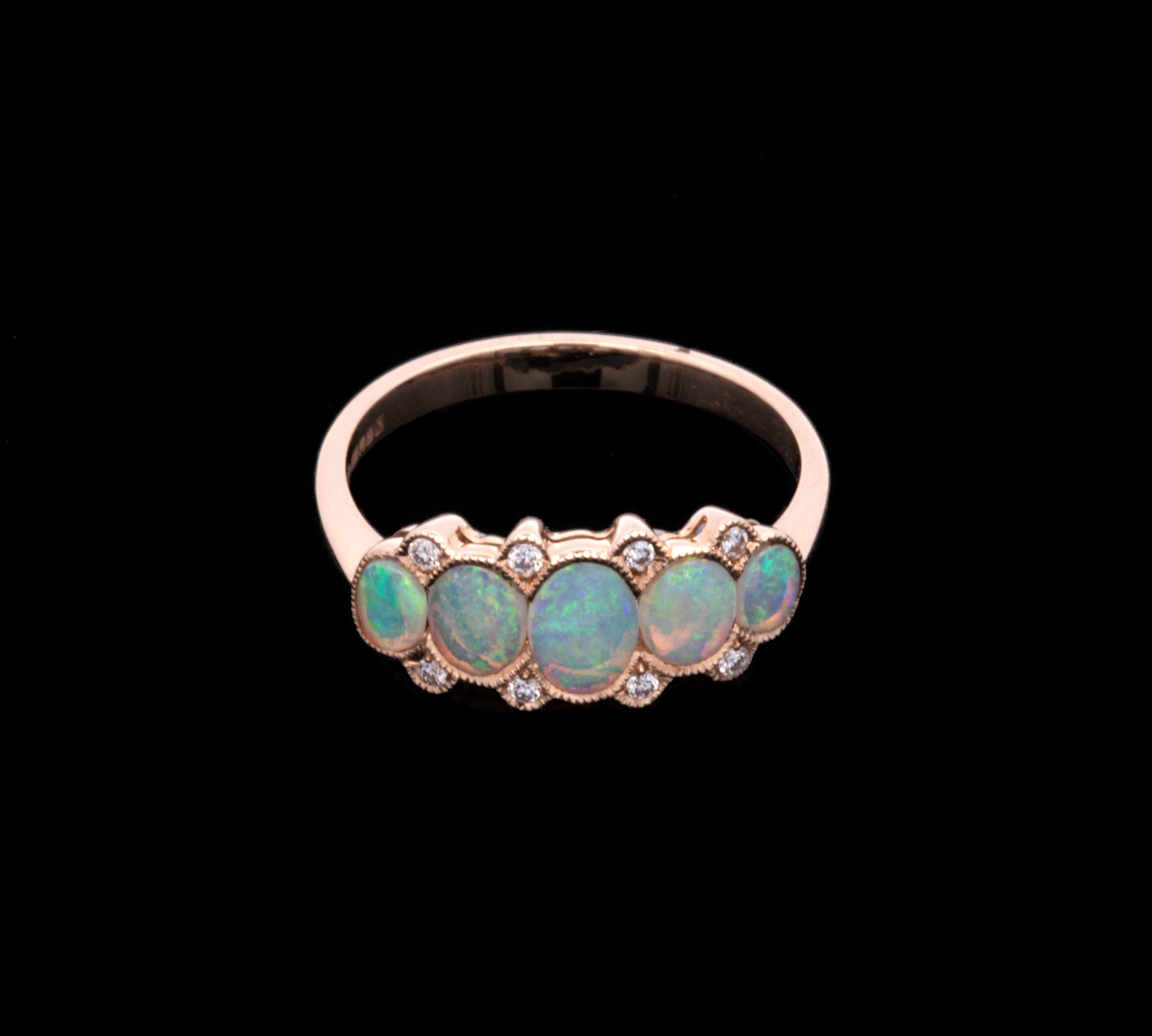 14K Yellow Gold Five Stone Opal And Diamond Ring