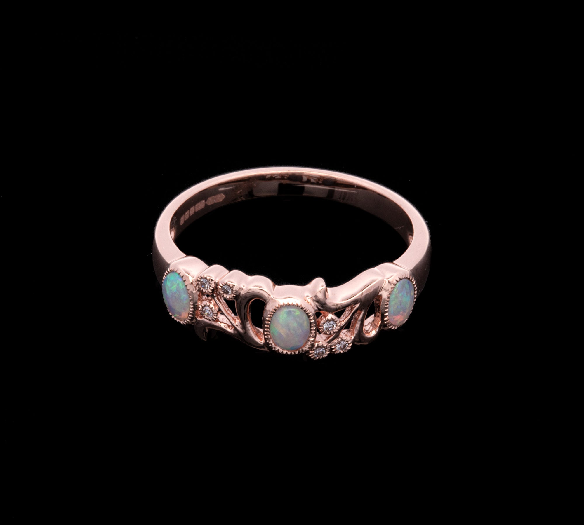 14K Rose Gold Three Stone Opal And Diamond Ring