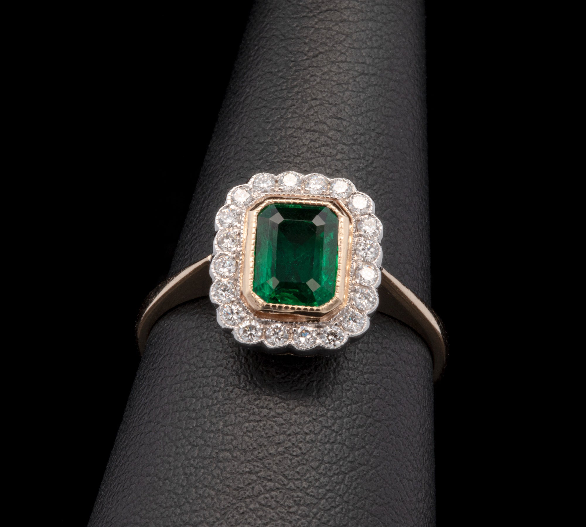 18K Yellow Gold Octagonal Emerald And Diamond Halo Ring