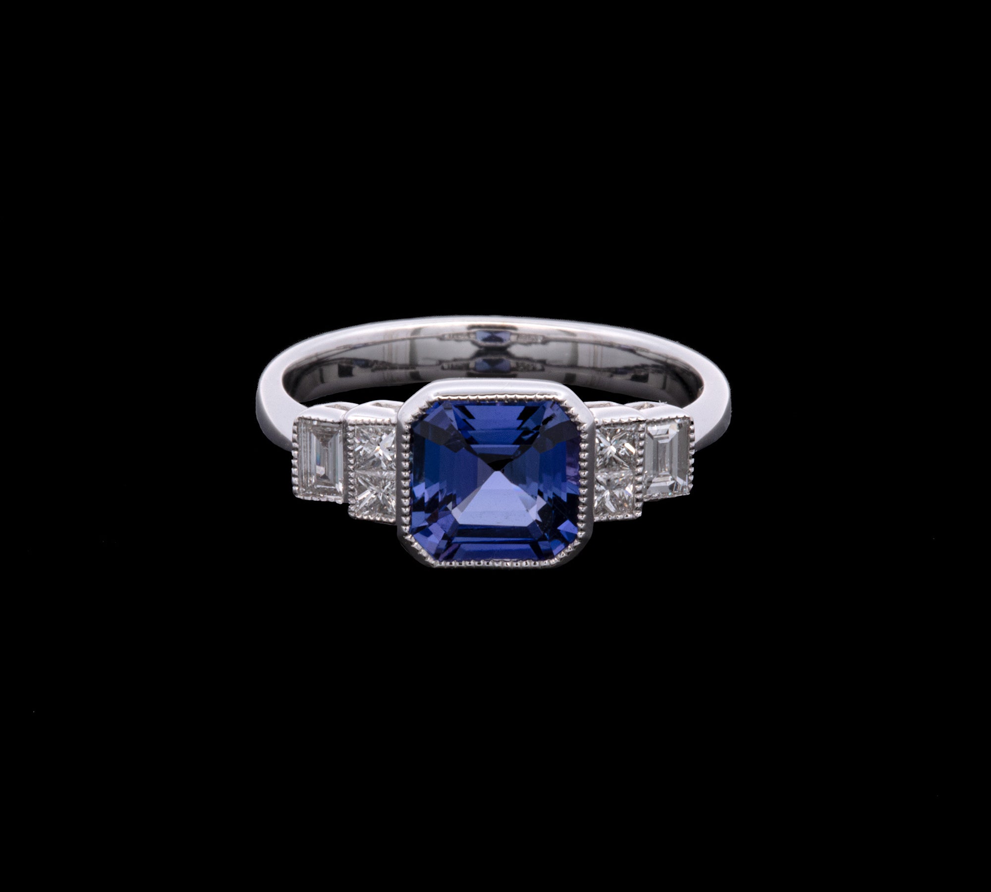 18K White Gold Tanzanite And Diamond Ring With Milgrain Edge