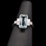 18K White Gold Long Octagon Aquamarine And Diamond Ring