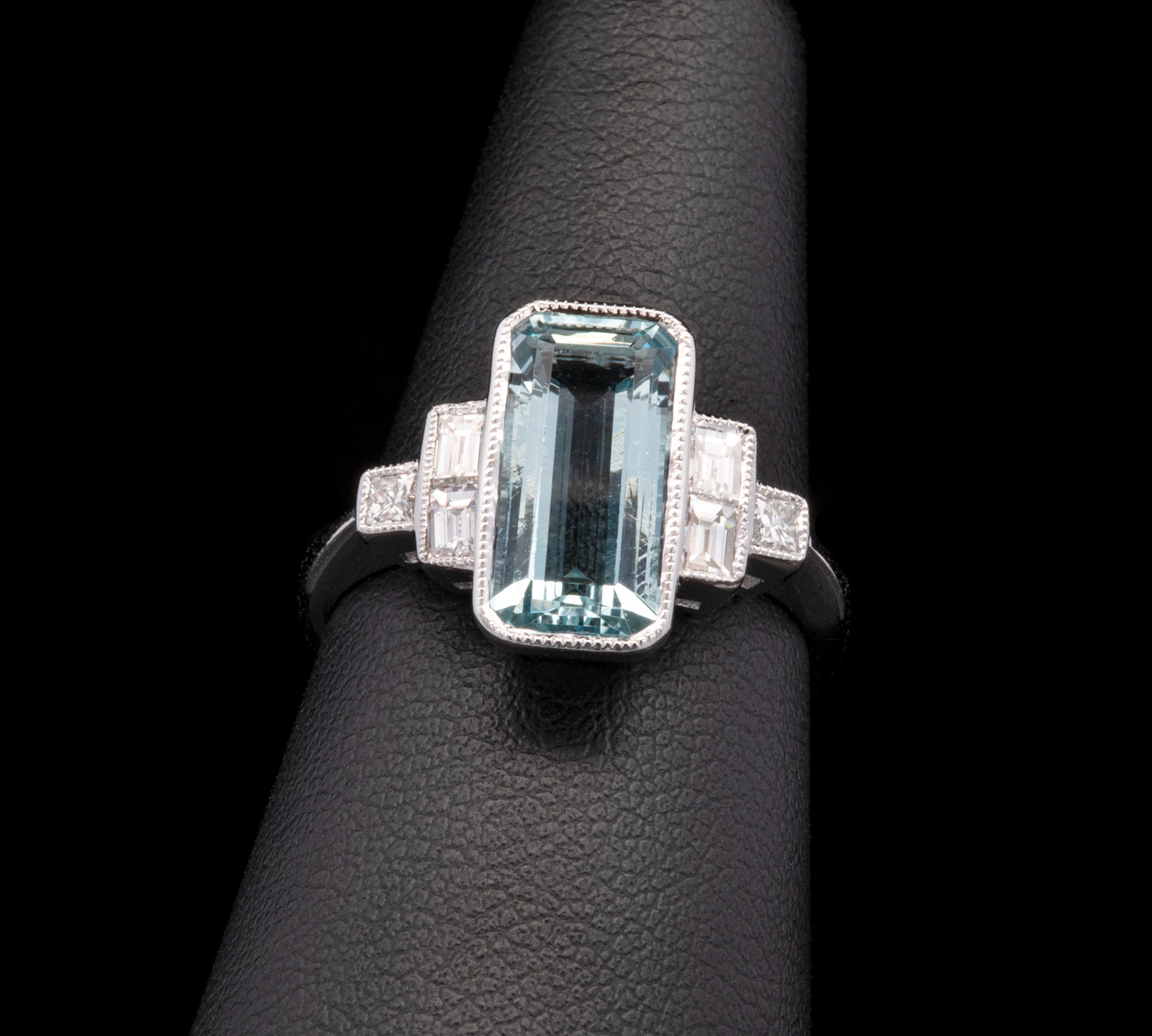 18K White Gold Long Octagon Aquamarine And Diamond Ring